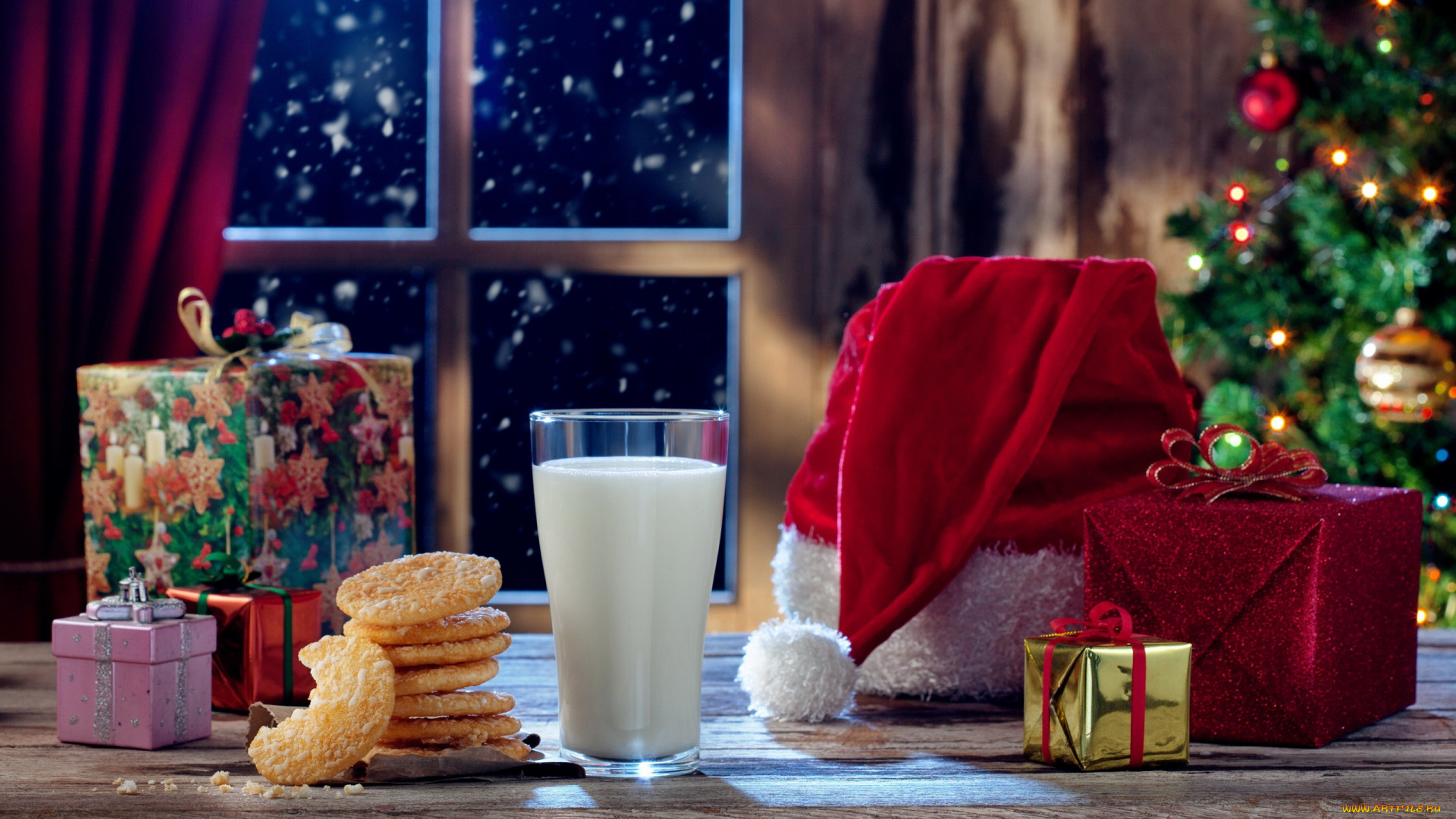праздничные, -, разное, , новый, год, елка, подарки, колпак, молоко, печенье
