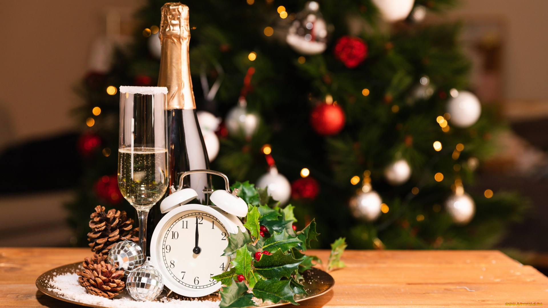 праздничные, -, разное, , новый, год, поднос, елка, остролист, бутылка, бокал, шампанское, шарики, шишки, будильник