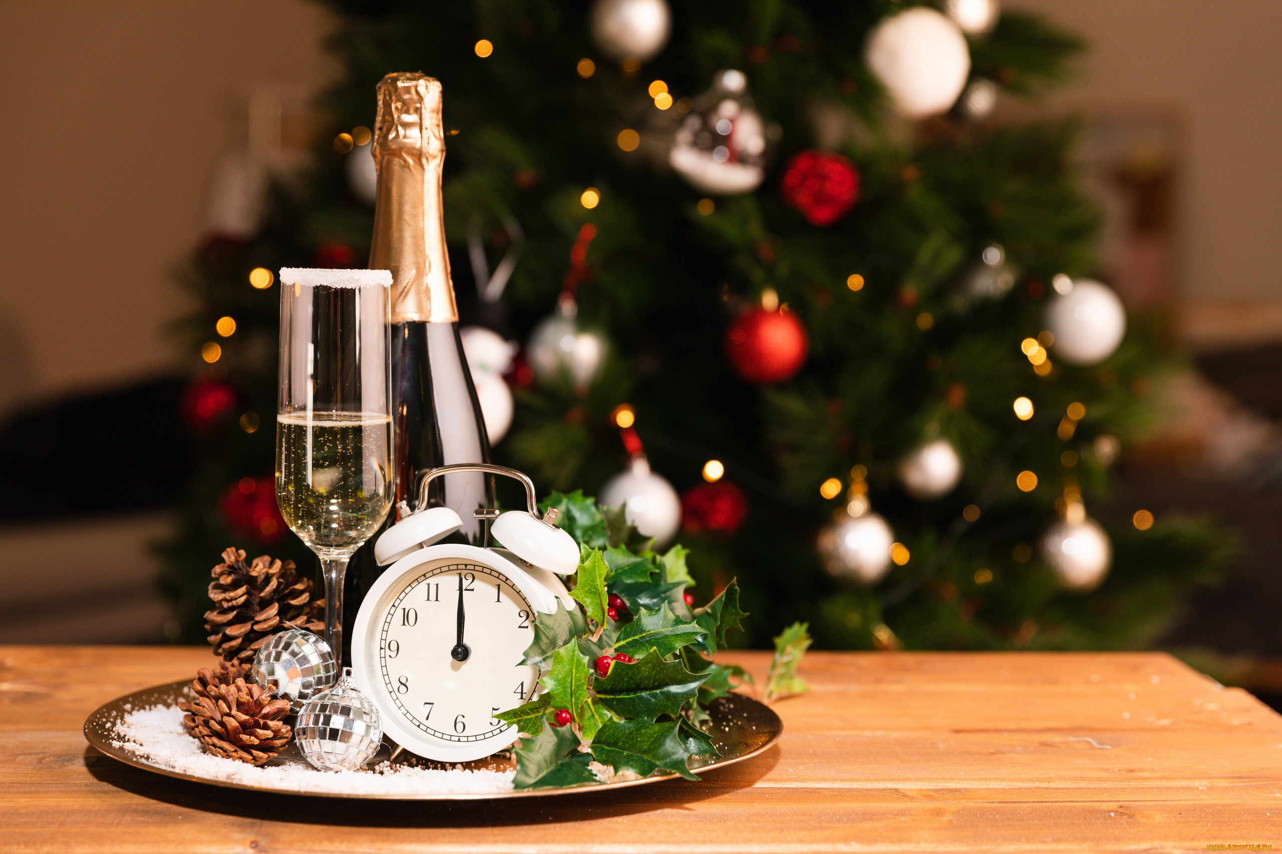 праздничные, -, разное, , новый, год, поднос, елка, остролист, бутылка, бокал, шампанское, шарики, шишки, будильник