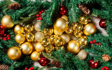 Картинка праздничные шары шишки шарики красные золотые
