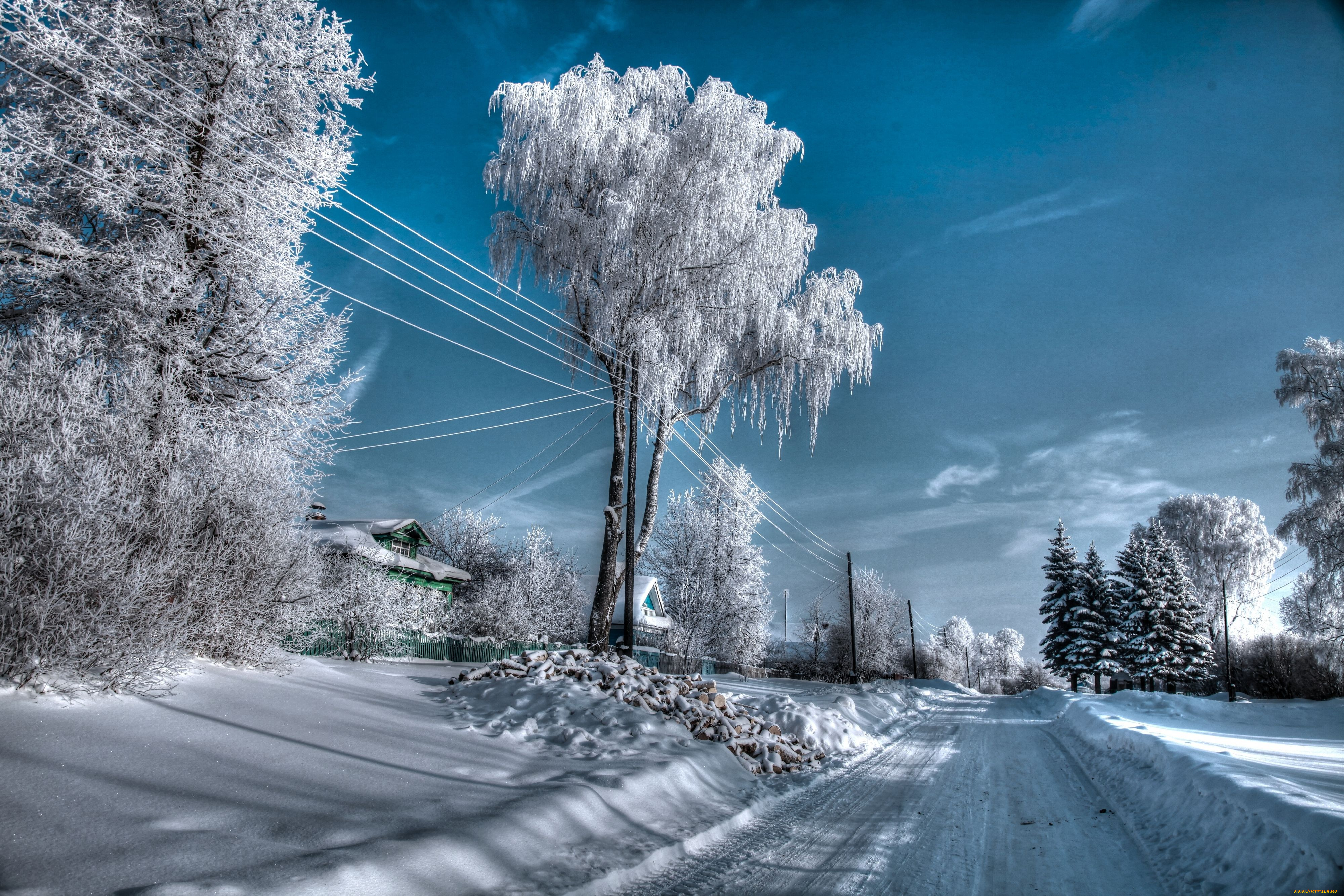 природа, зима, снег, деревья, деревня