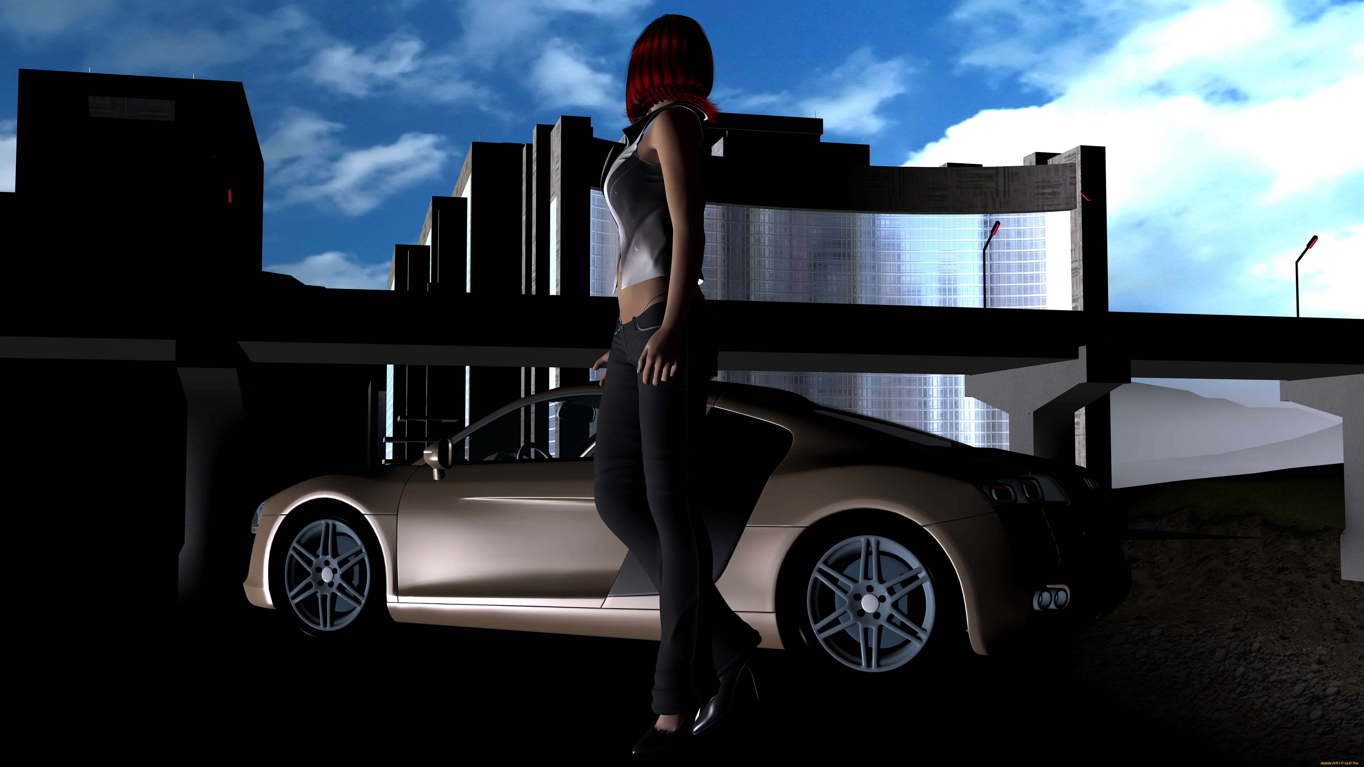 автомобили, 3d, car&girl, фон, автомобиль, взгляд, девушка