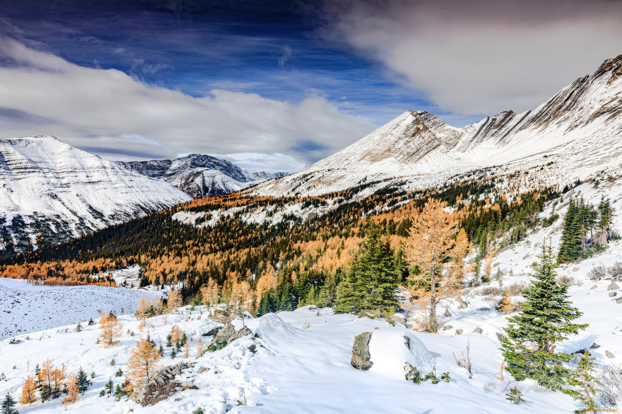 природа, зима, lake, kananaskis, снег, горы