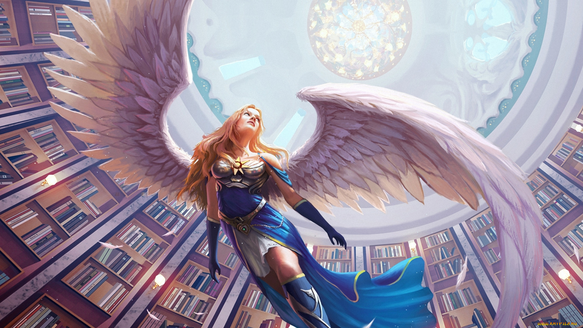 фэнтези, ангелы, библиотека, книги, крылья