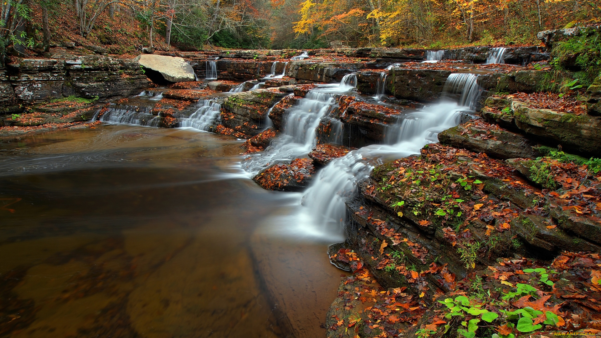 природа, водопады, потоки, вода, камни, осень, листья