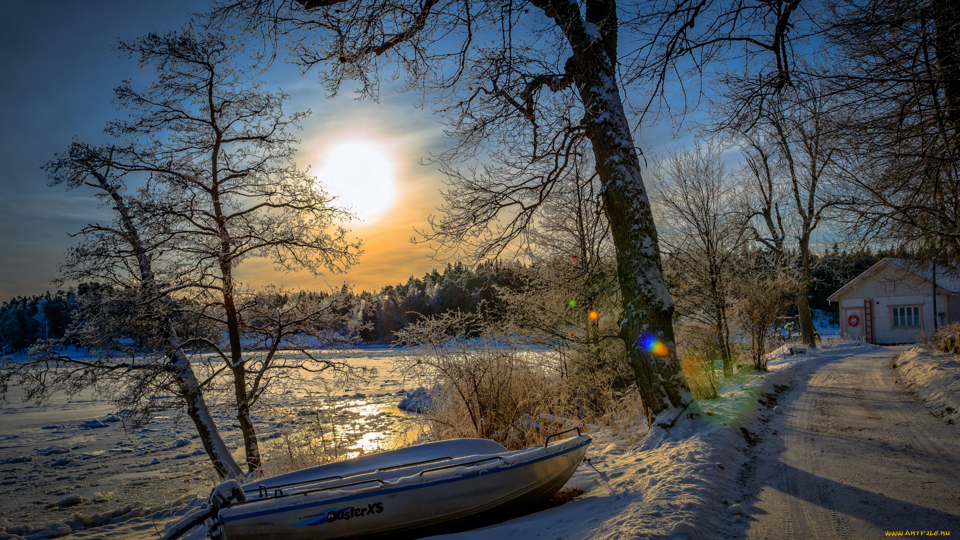природа, восходы, закаты, зима, снег, деревья, финляндия, балтийское, море, закат, дорога, лодка