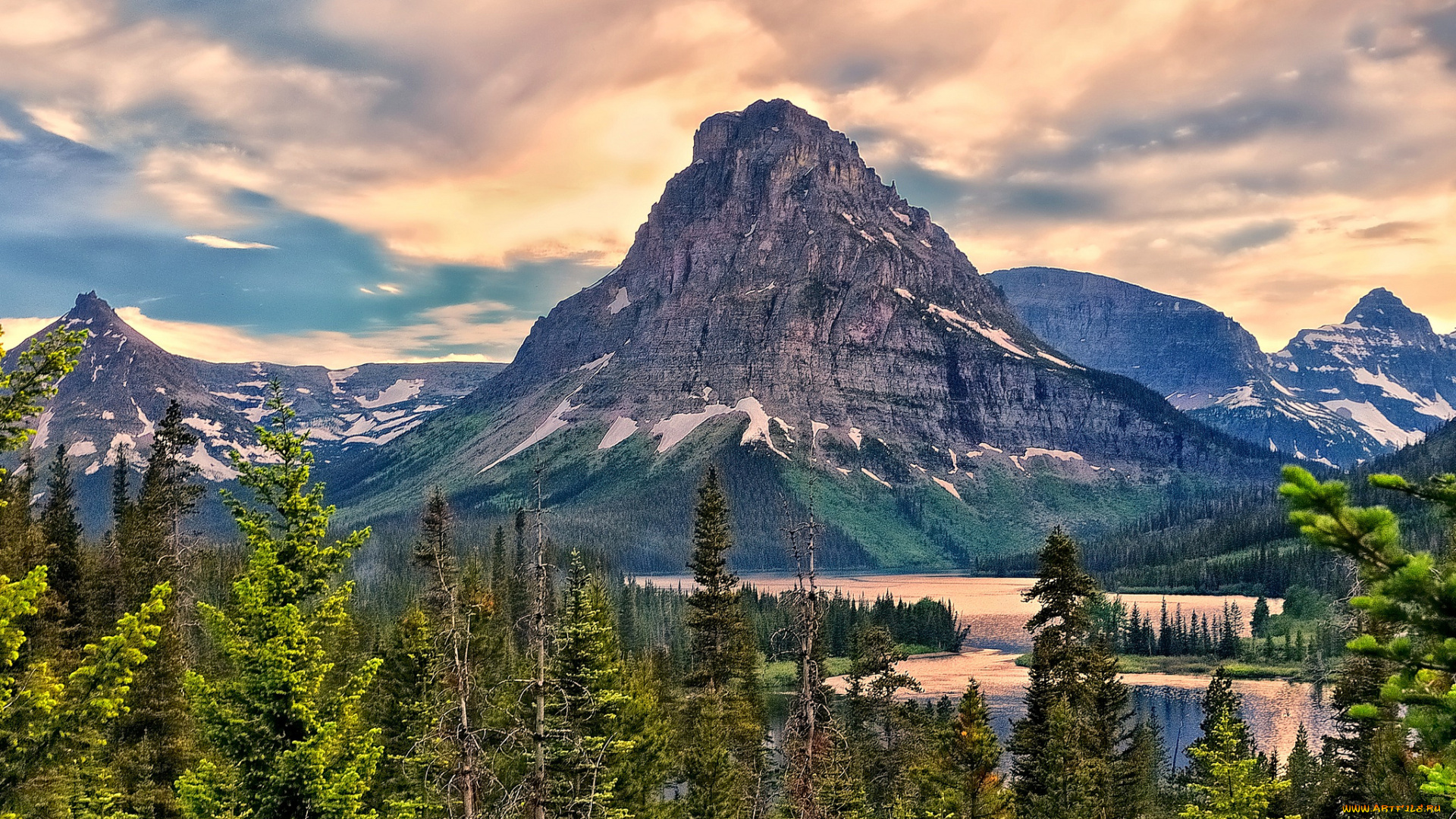 sinopah, mountain, glacier, national, park, природа, горы, деревья, озеро