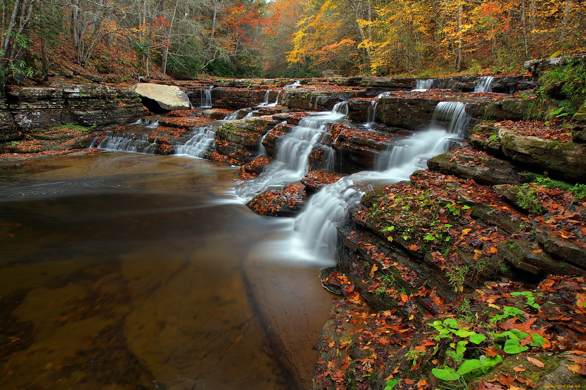 природа, водопады, потоки, вода, камни, осень, листья