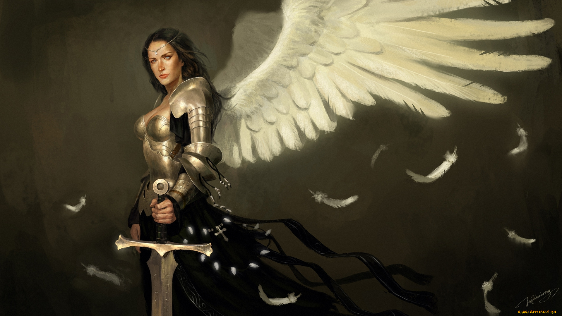 фэнтези, ангелы, девушка, крылья, ангел, меч, перья