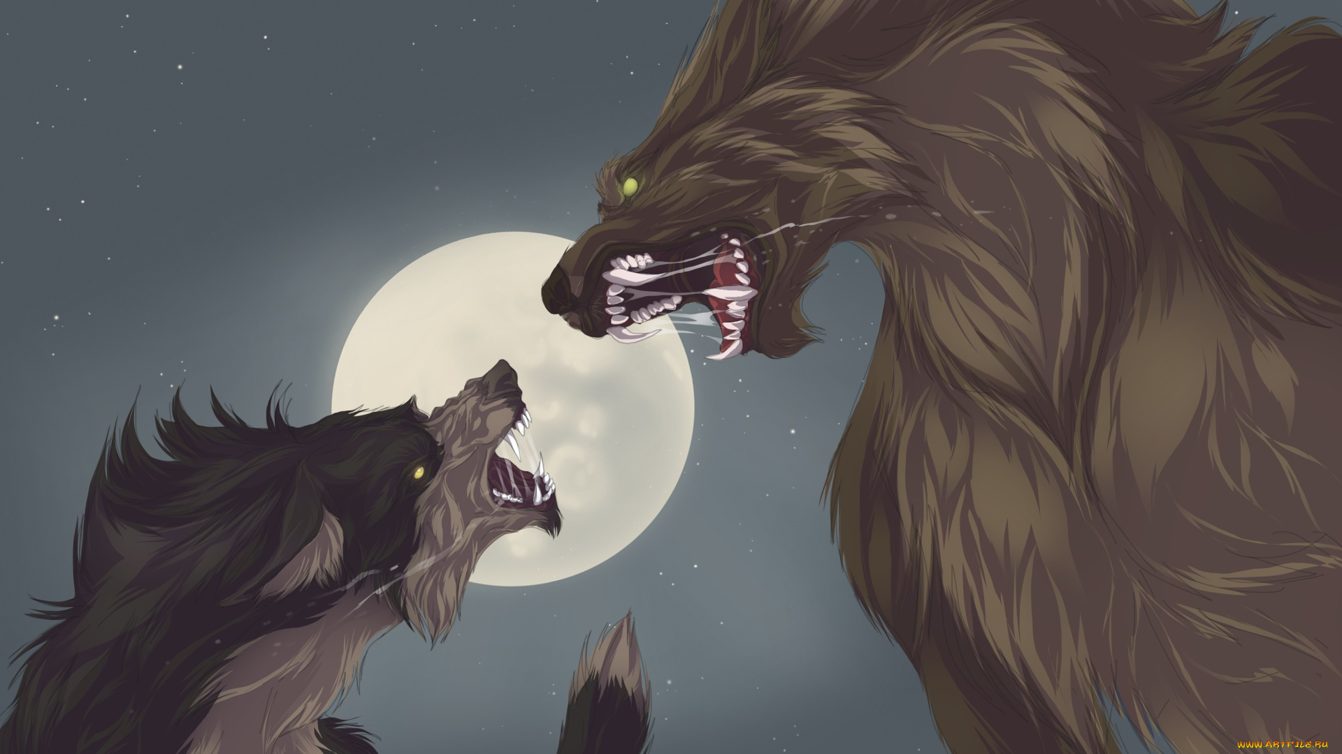 рисованные, животные, , волки, луна, волки