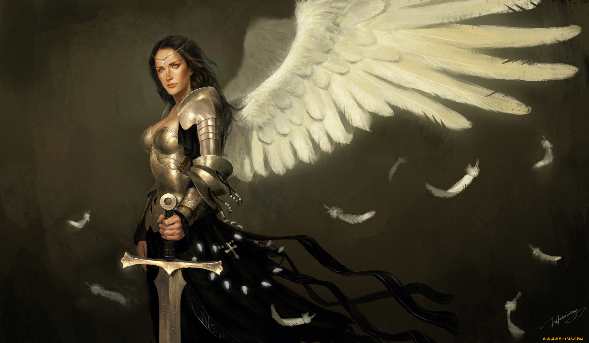 фэнтези, ангелы, девушка, крылья, ангел, меч, перья