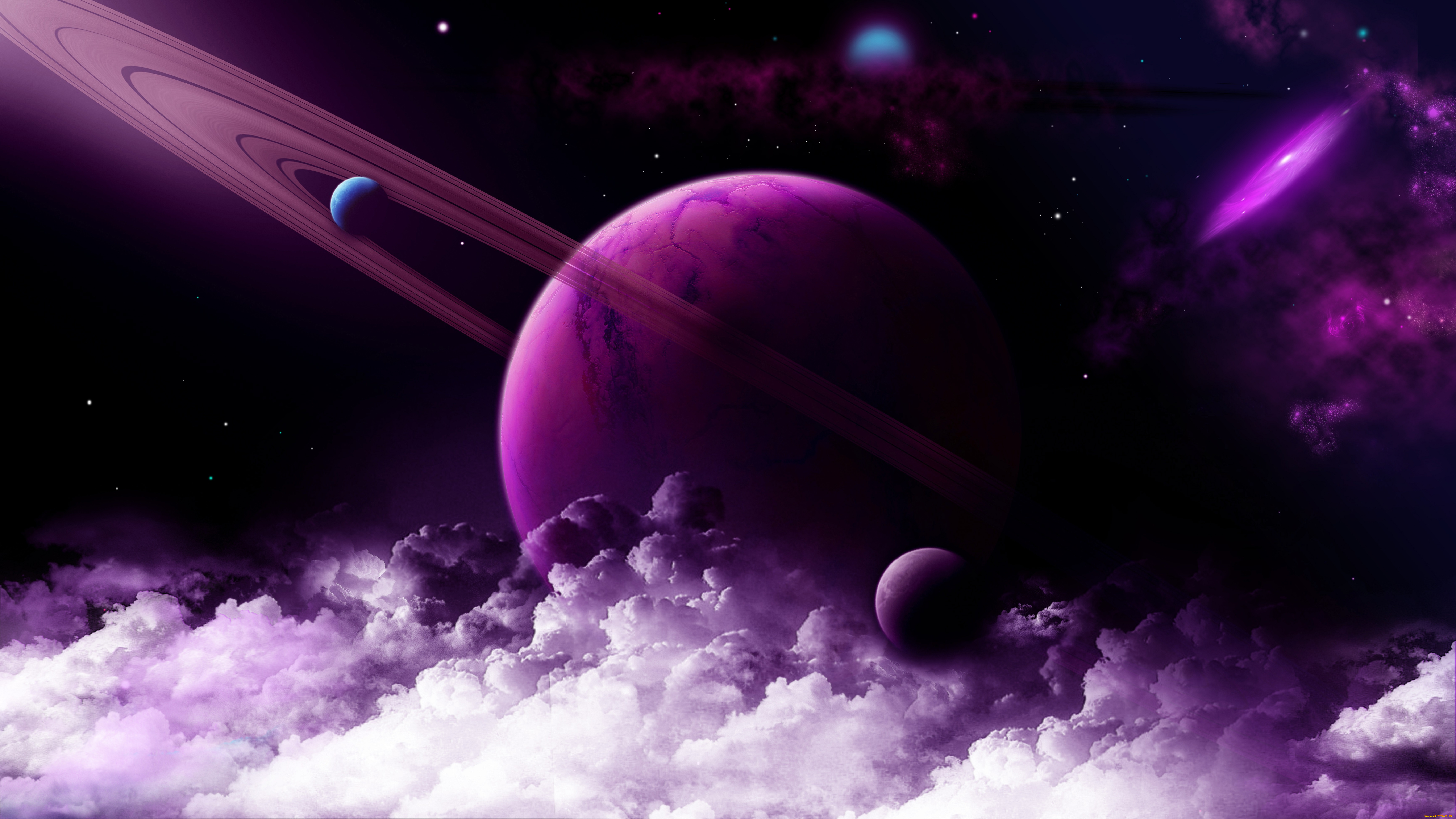 космос, арт, планета, нептун, облака, звёзды, галлактика, спутники, фиолетовая