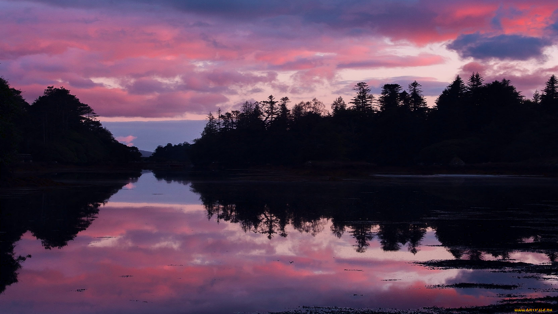природа, реки, озера, ирландия, озеро, берег, лес, деревья, вечер, закат, небо, облака, отражение
