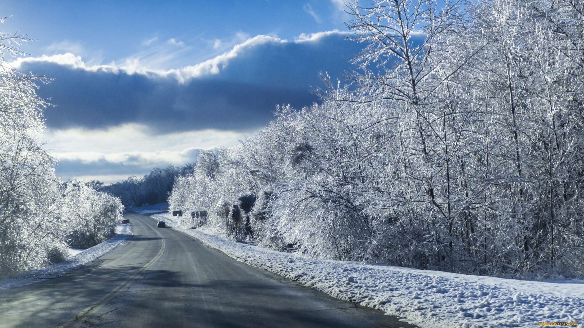 природа, зима, пейзаж, снег, дорога, машины, голубое, небо