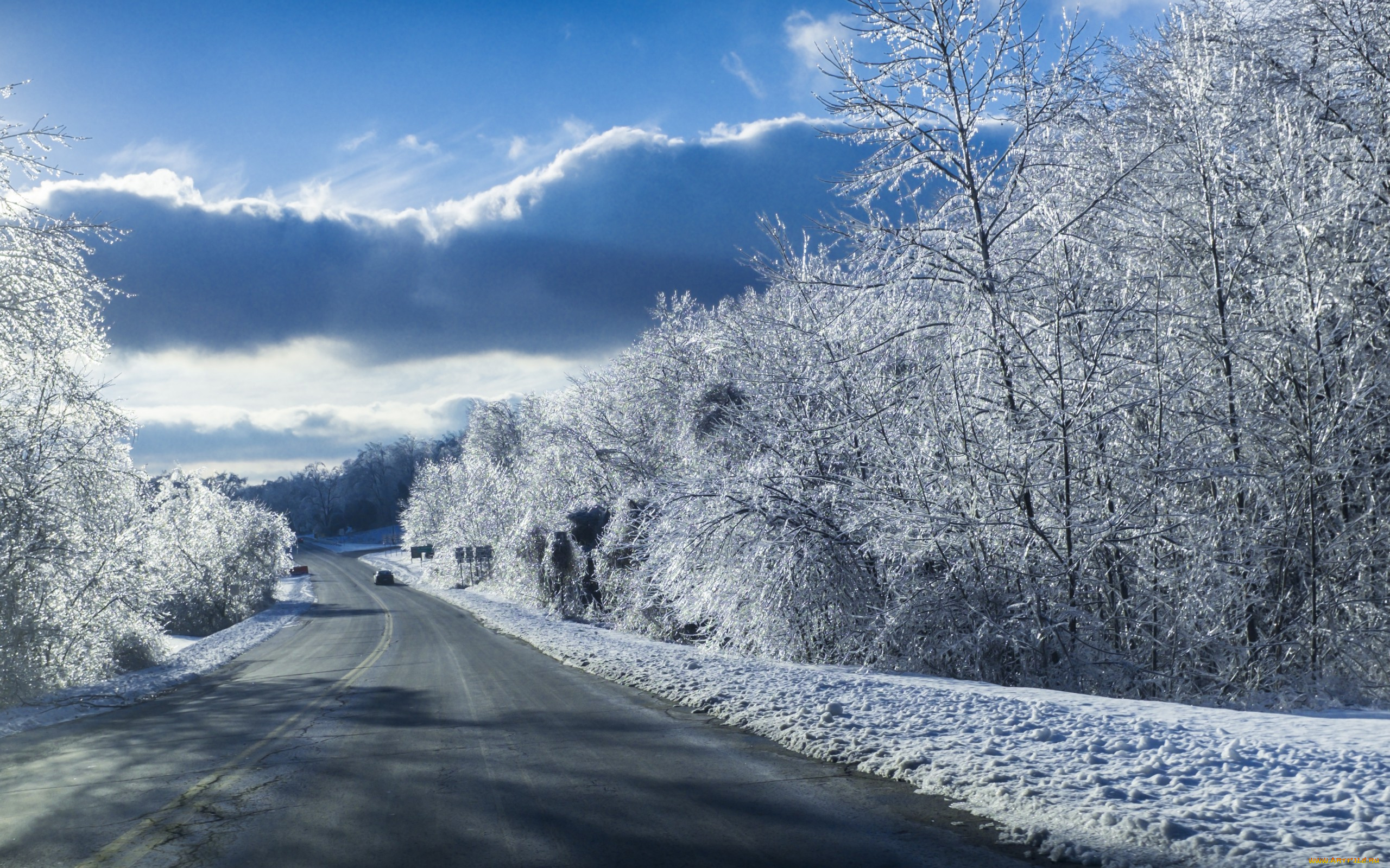 природа, зима, пейзаж, снег, дорога, машины, голубое, небо