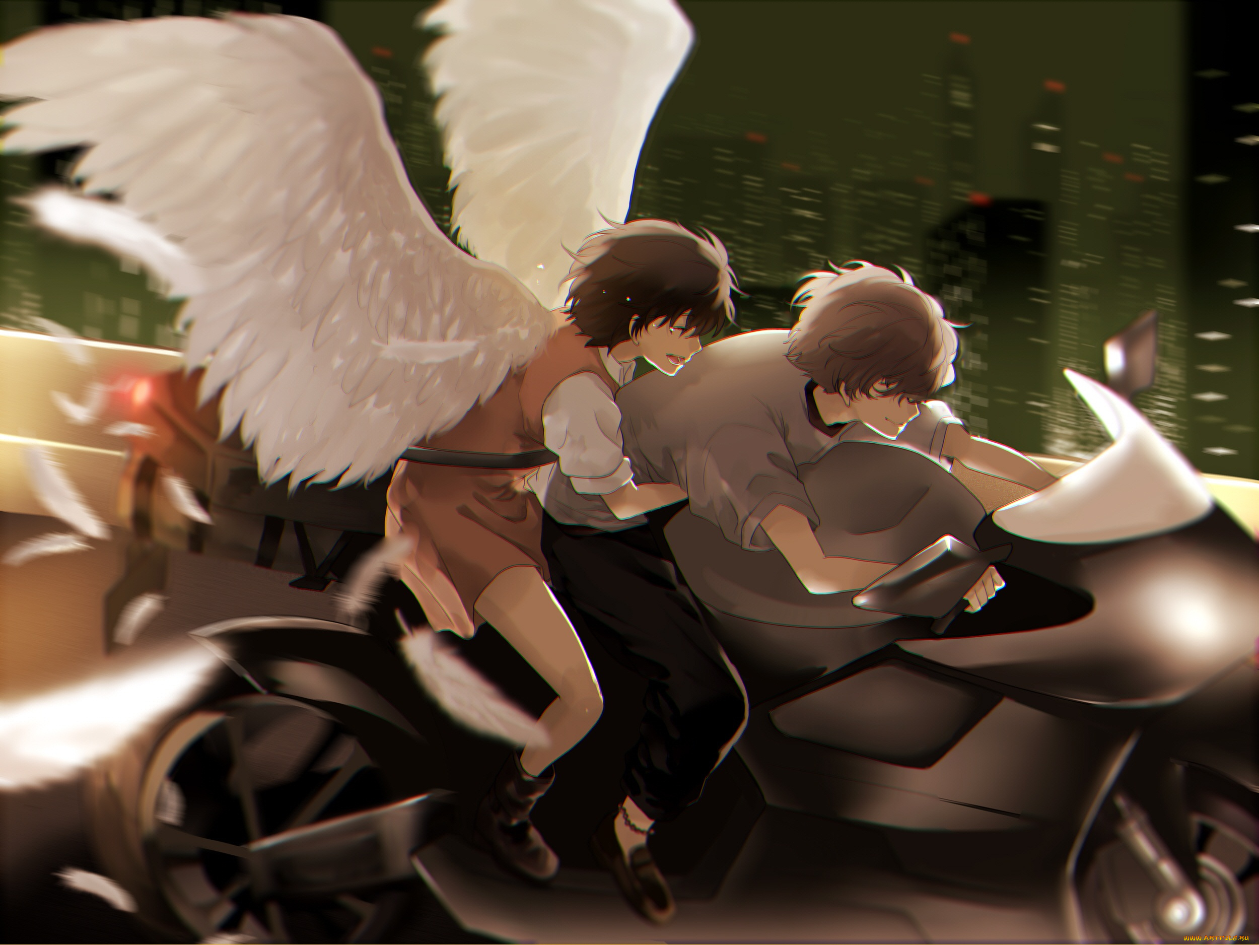 аниме, zankyou, no, terror, город, пара, крылья, мотоцикл, ночь, скорость