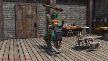 Картинка ciri+and+the+dwarfs 3д+графика фантазия+ fantasy фон взгляд девушка