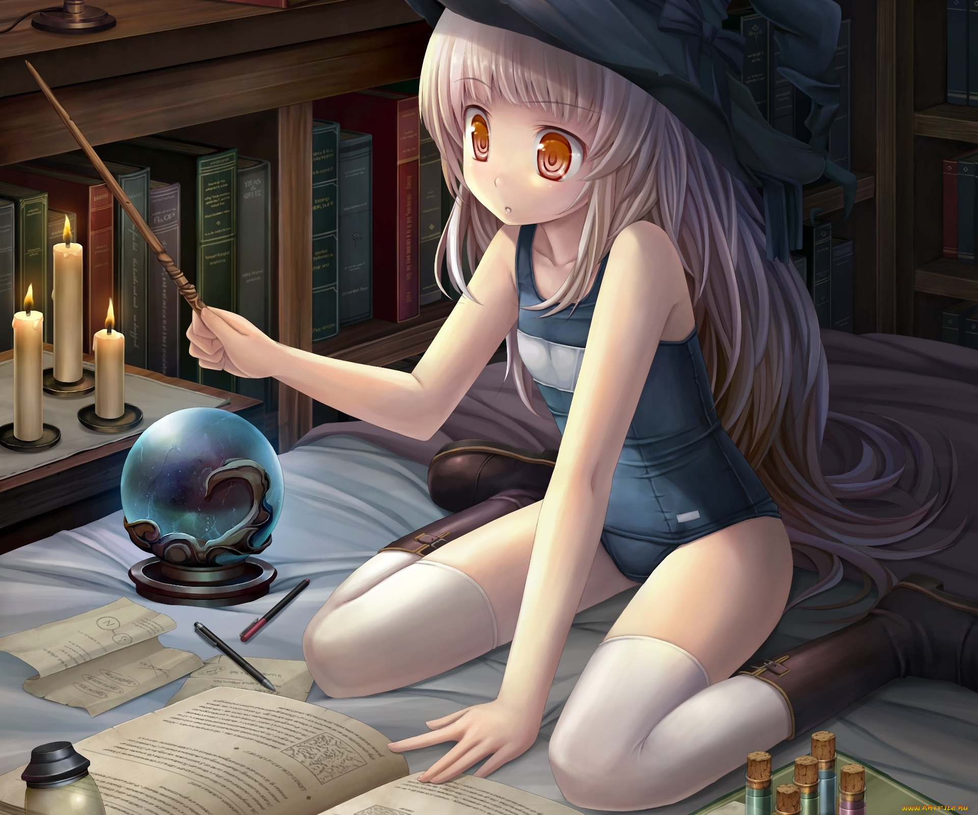 аниме, halloween, magic, девочка, книги, палочка, шар, сфера, свечи, постель, ведьма, шляпа