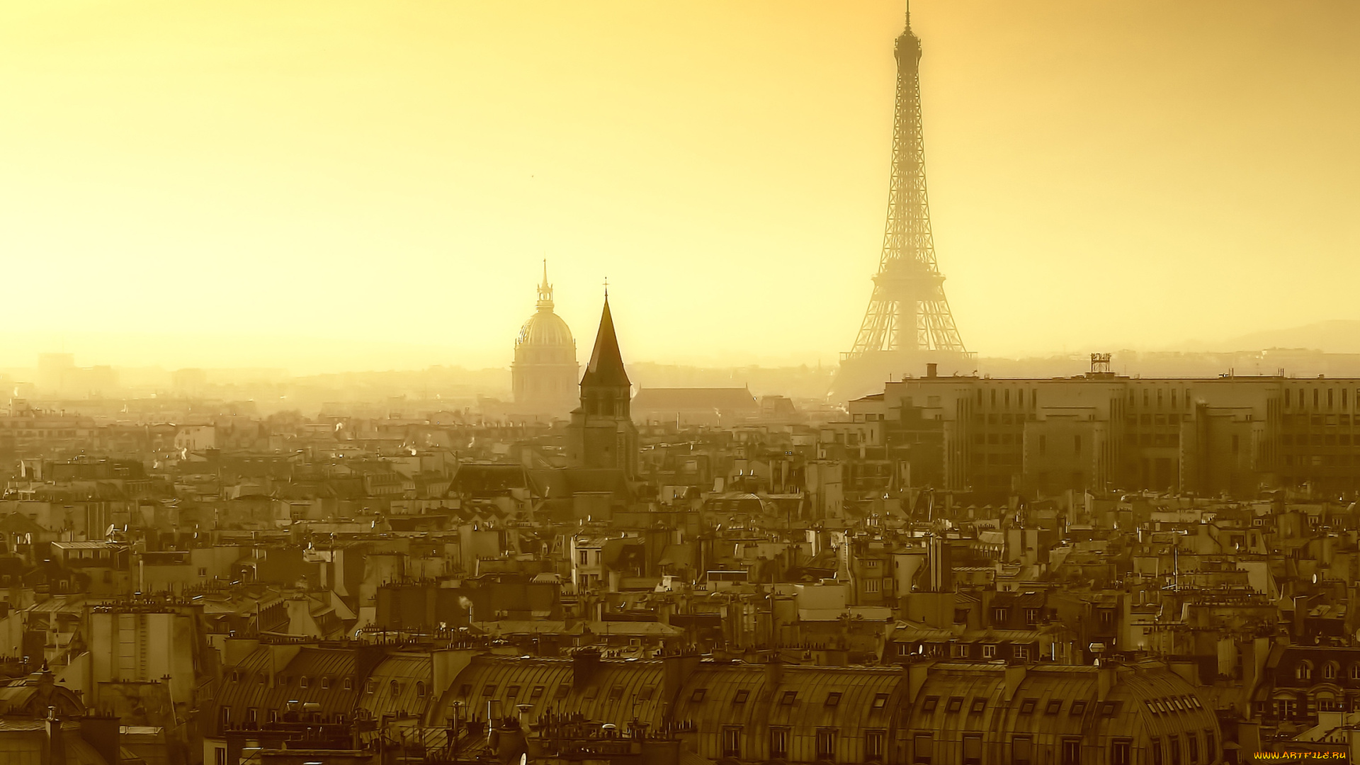 города, париж, франция, рассвет, панорама, башня, здания, дымка