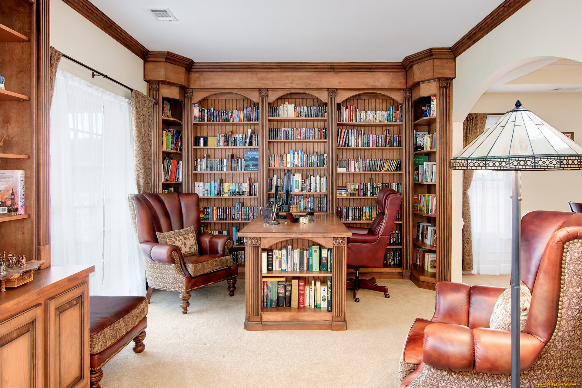 интерьер, кабинет, библиотека, офис, стол, кресла, книги