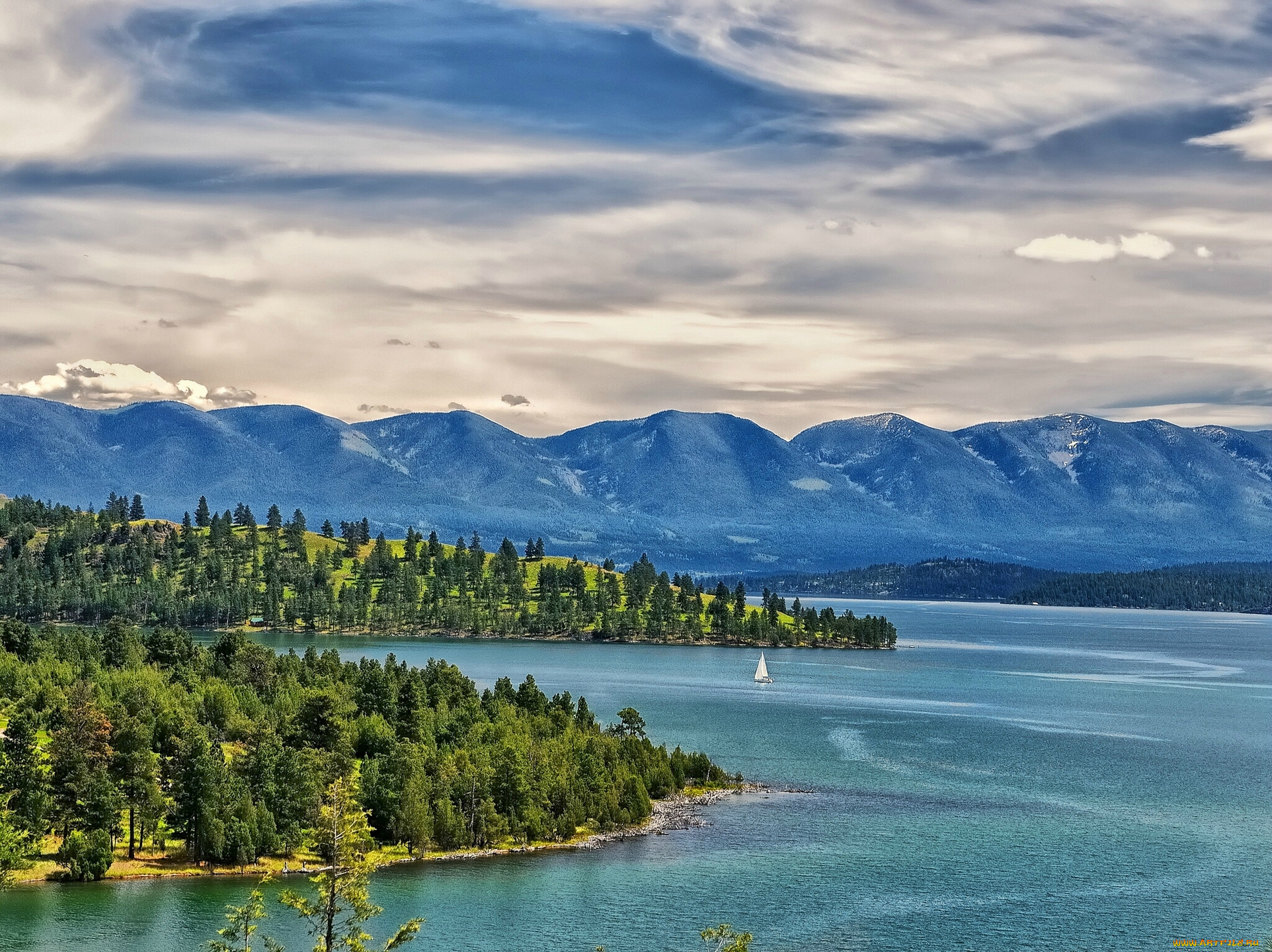 flathead, lake, montana, природа, реки, озера, монтана, озеро, пейзаж, яхта, горы, деревья