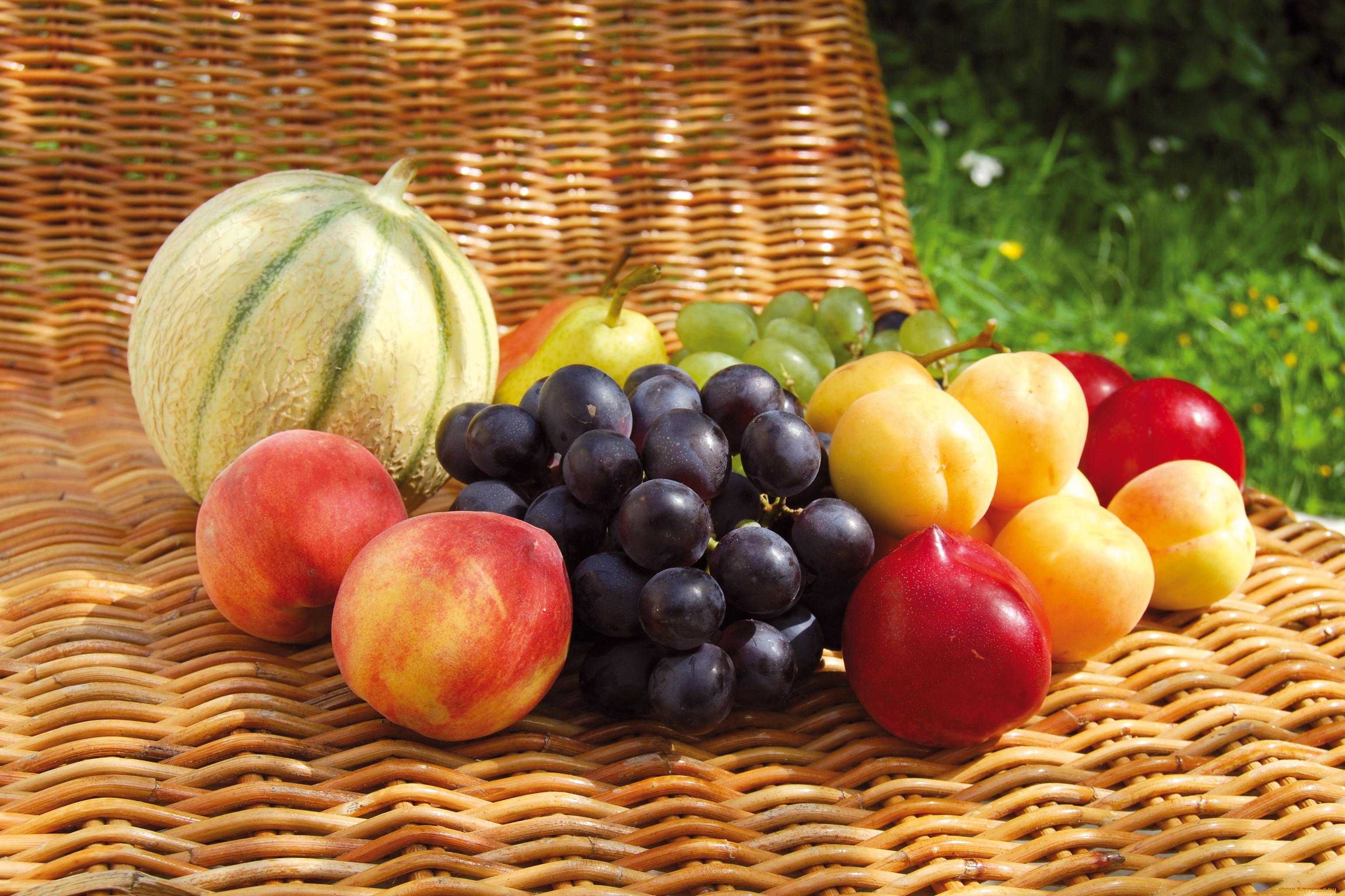 еда, фрукты, ягоды, персики, виноград, груши