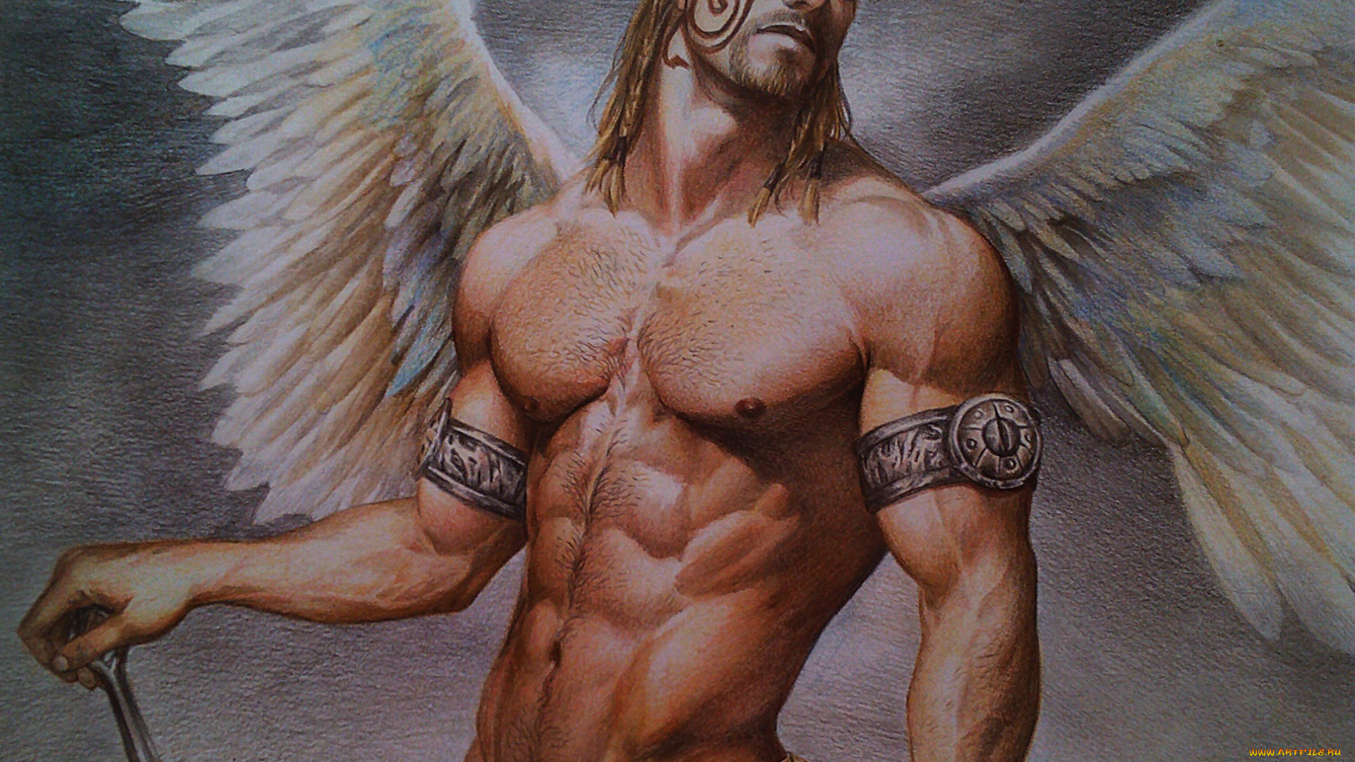 фэнтези, ангелы, ангел, мужчина, крылья, меч, торс, тело, мускулы