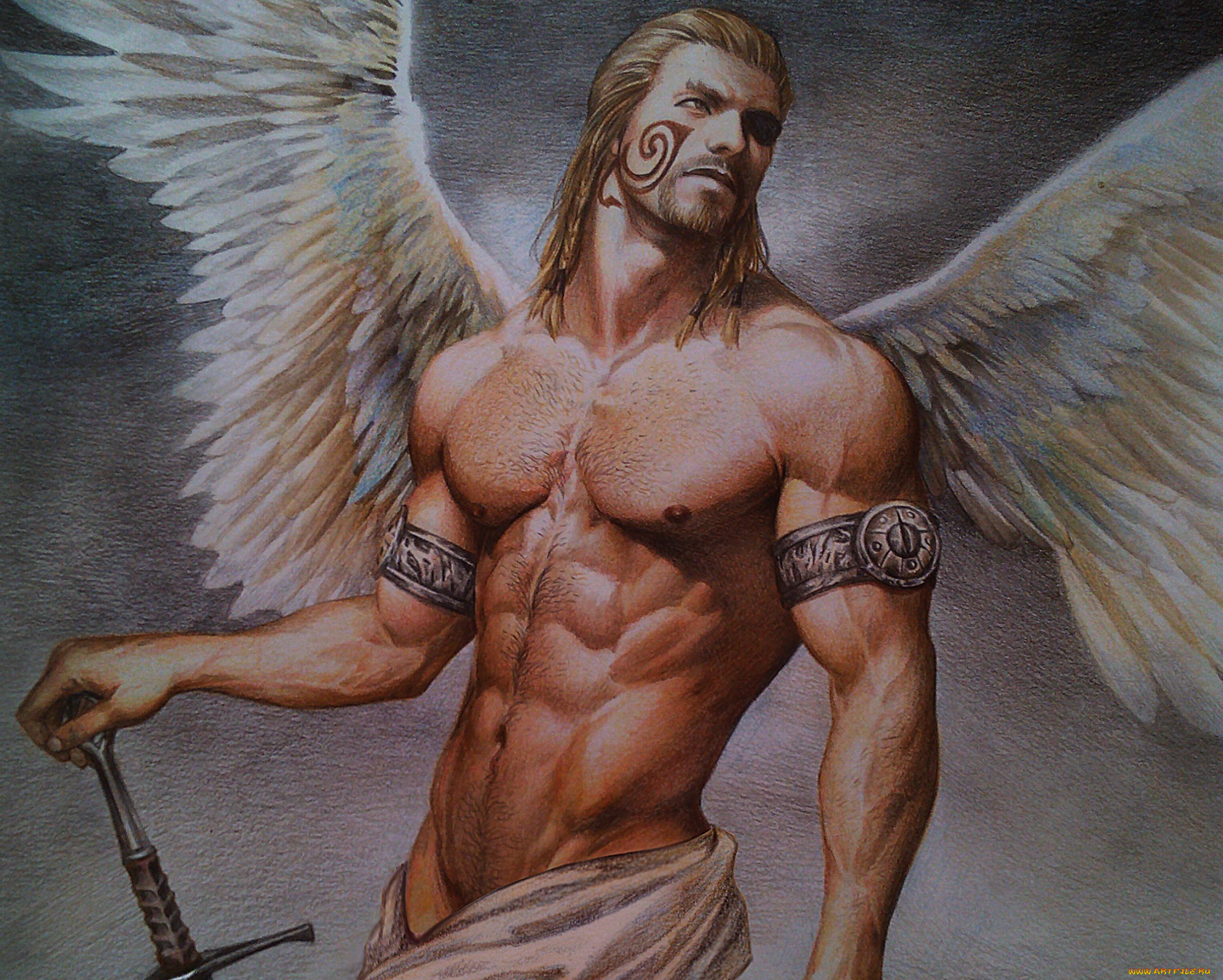 фэнтези, ангелы, ангел, мужчина, крылья, меч, торс, тело, мускулы
