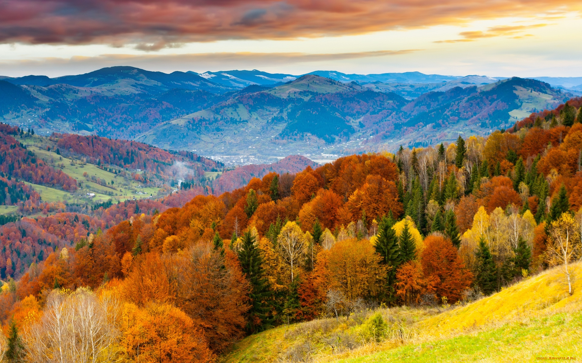 природа, горы, осень, лес, деревья, луга, тучи