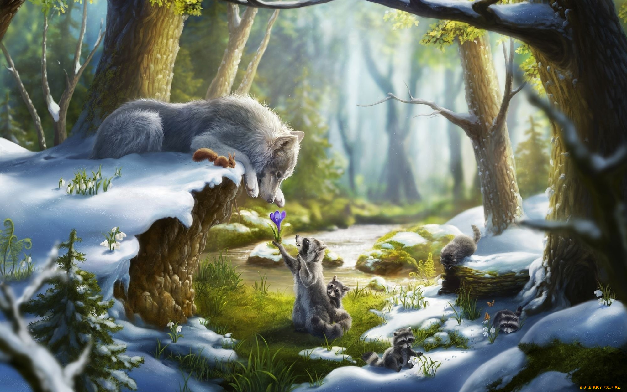 рисованное, животные, волк, белка, снег, лес, подснежники, еноты