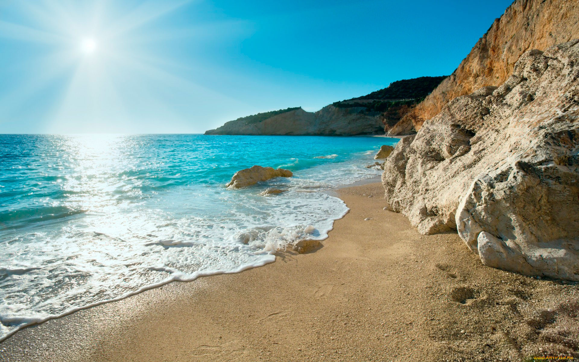 природа, побережье, песок, скалы, греция, море, солнце
