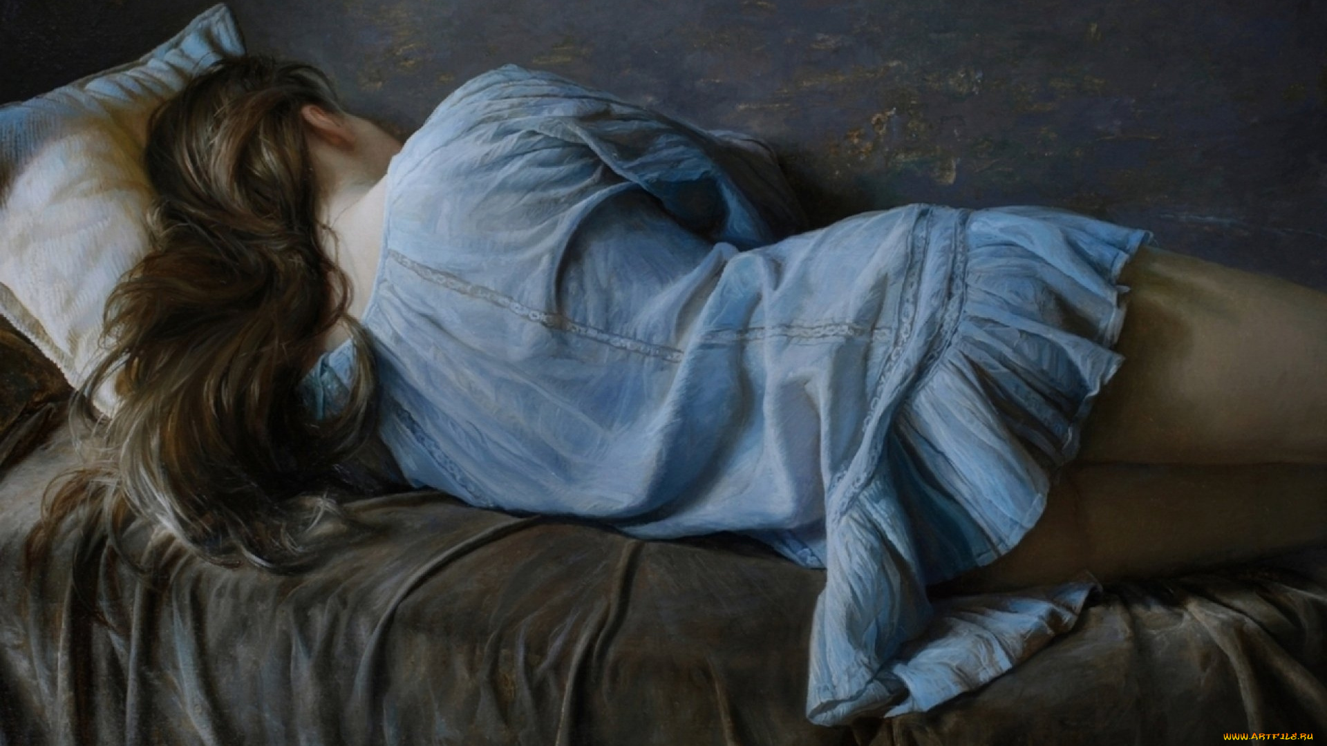 serge, marshennikov-women, sleeping, рисованное, живопись, девушка, кровать, платье, сон