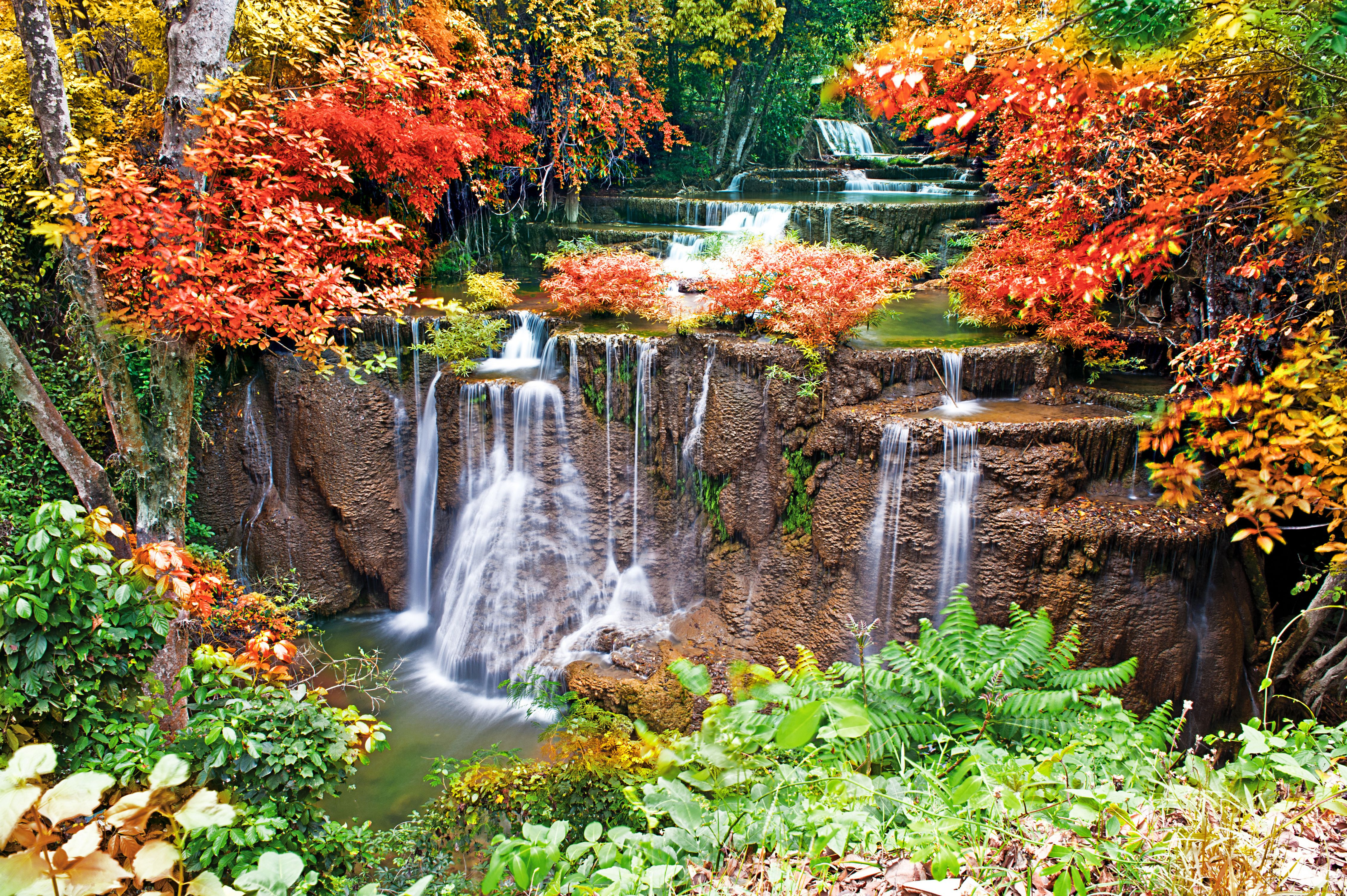 природа, водопады, река, каскад, лес, осень, деревья