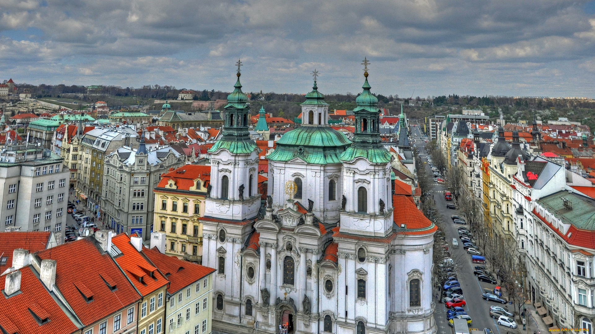 города, прага, Чехия, улицы, церковь, панорама