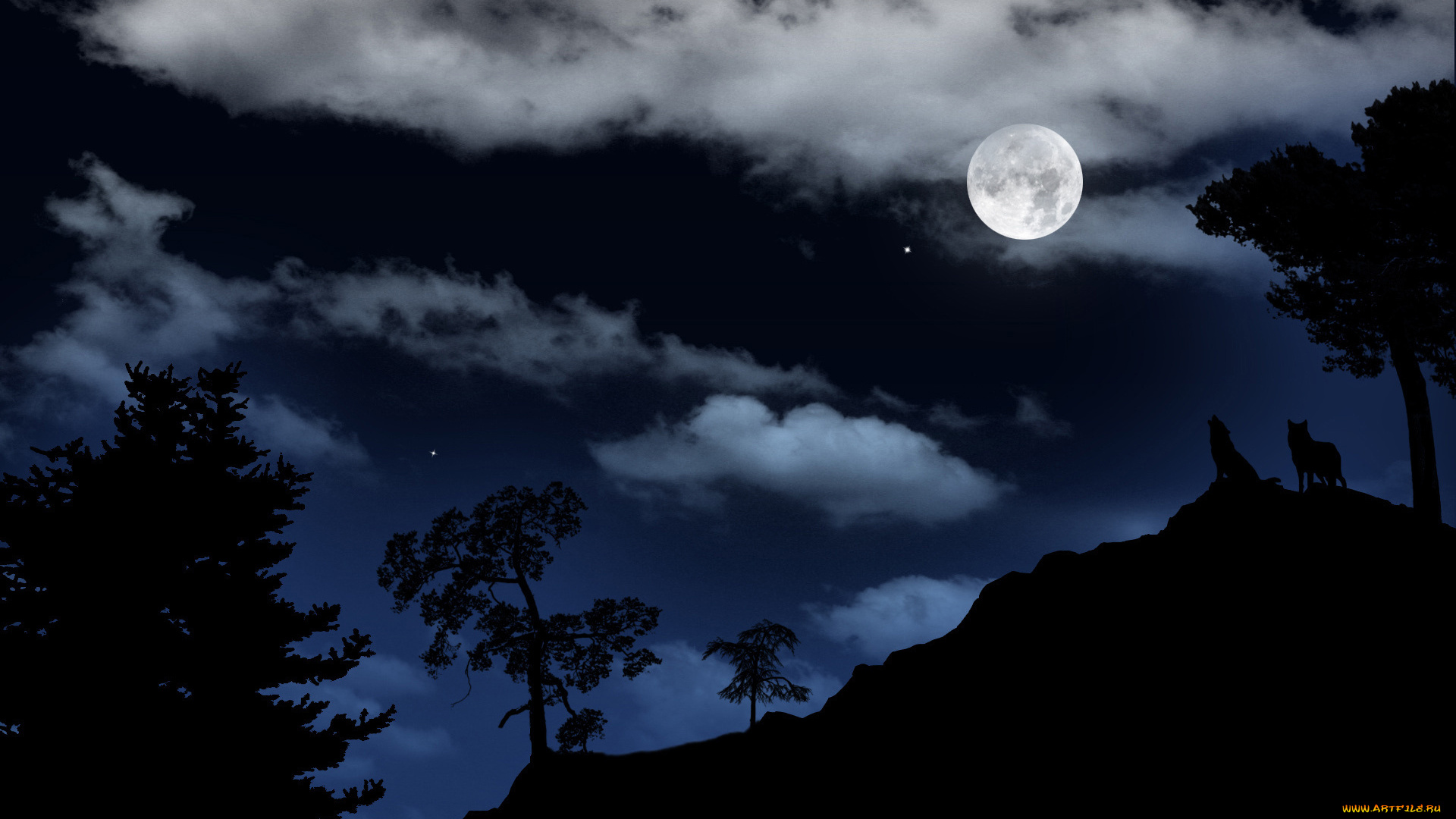 космос, луна, волки, природа, облака, ночь, звёзды, лес