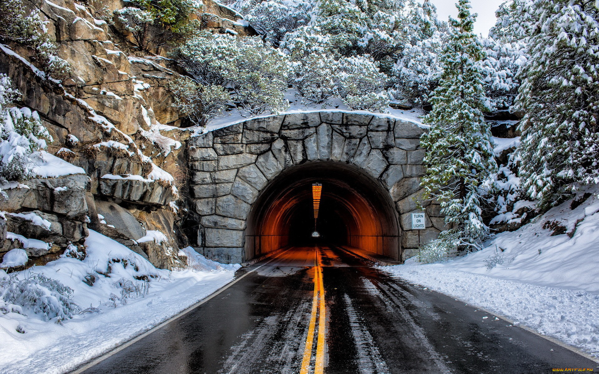 природа, дороги, туннель, снег, желтые, линии, тротуар