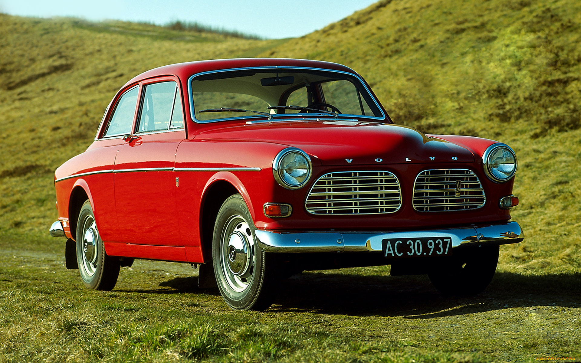 volvo, 122-s, , 1962, автомобили, volvo, 122-s, coupe, car, красный, природа, травка, ретро