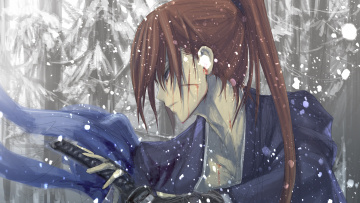 Картинка аниме rurouni+kenshin лес снег himura самурай kenshin мужчина меч