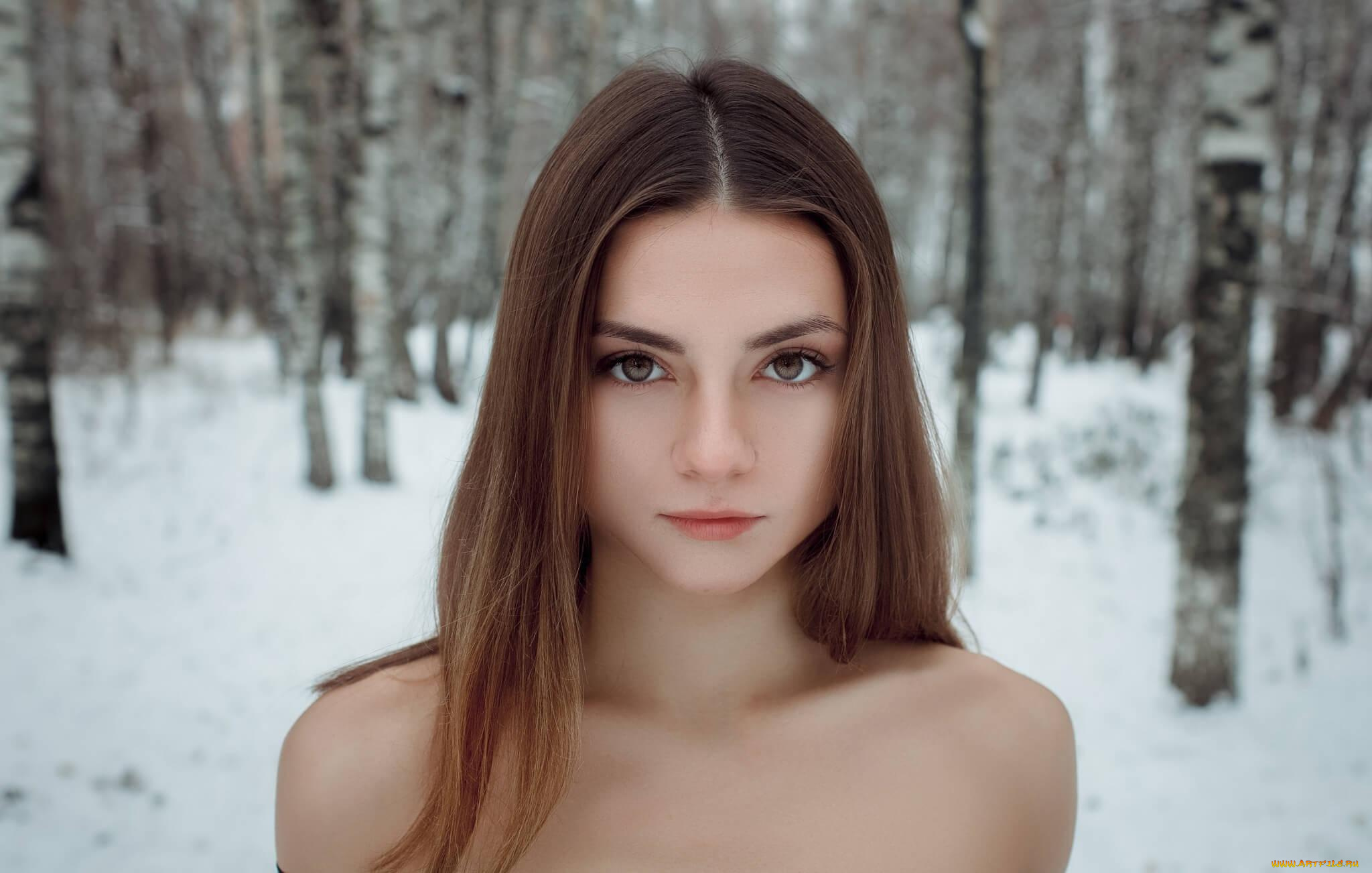 девушки, -unsort, , лица, , портреты, плечи, лицо, зима, снег, лес