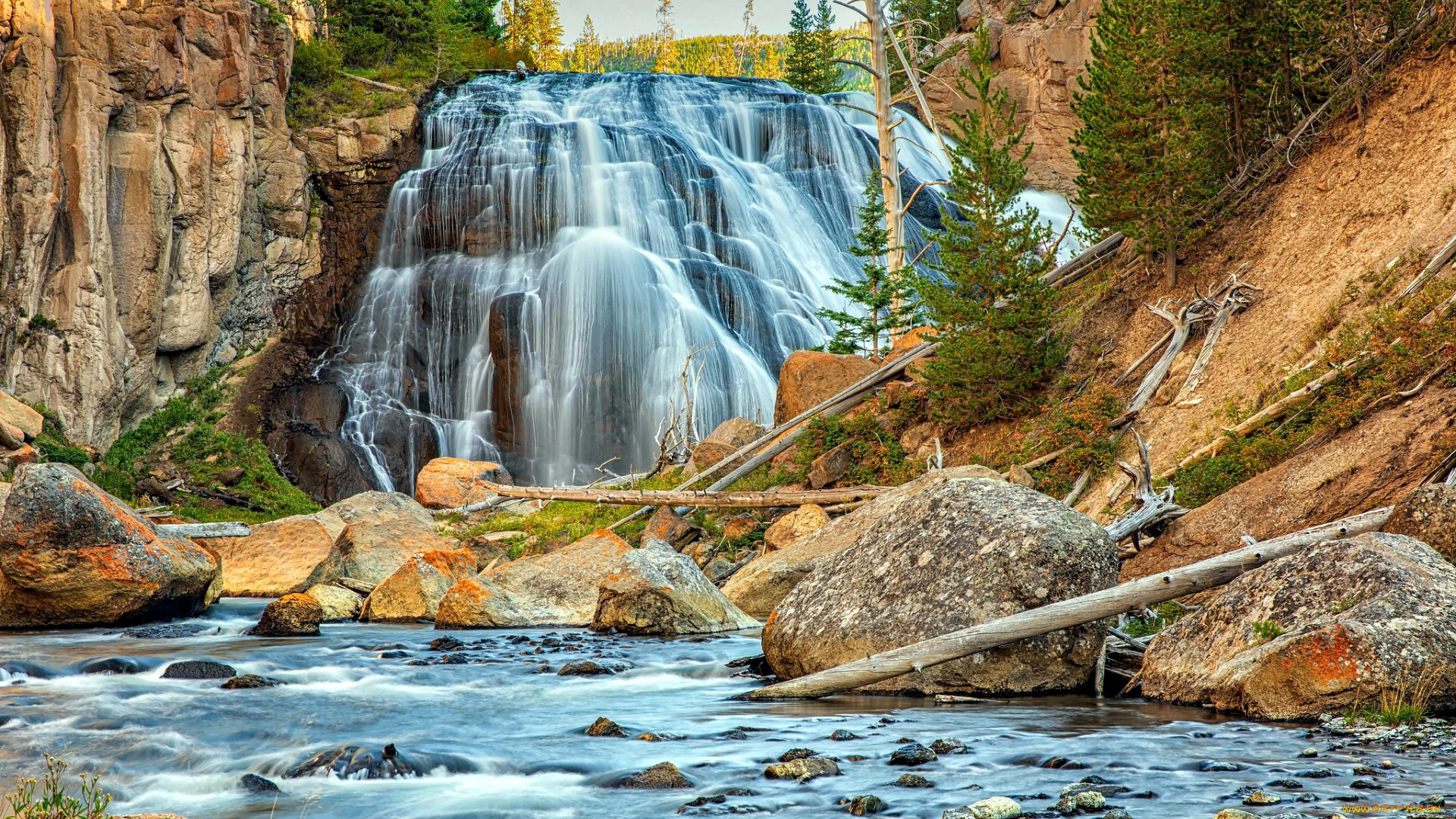 gibbon, falls, yellowstone, np, wyoming, природа, водопады, gibbon, falls, yellowstone, np