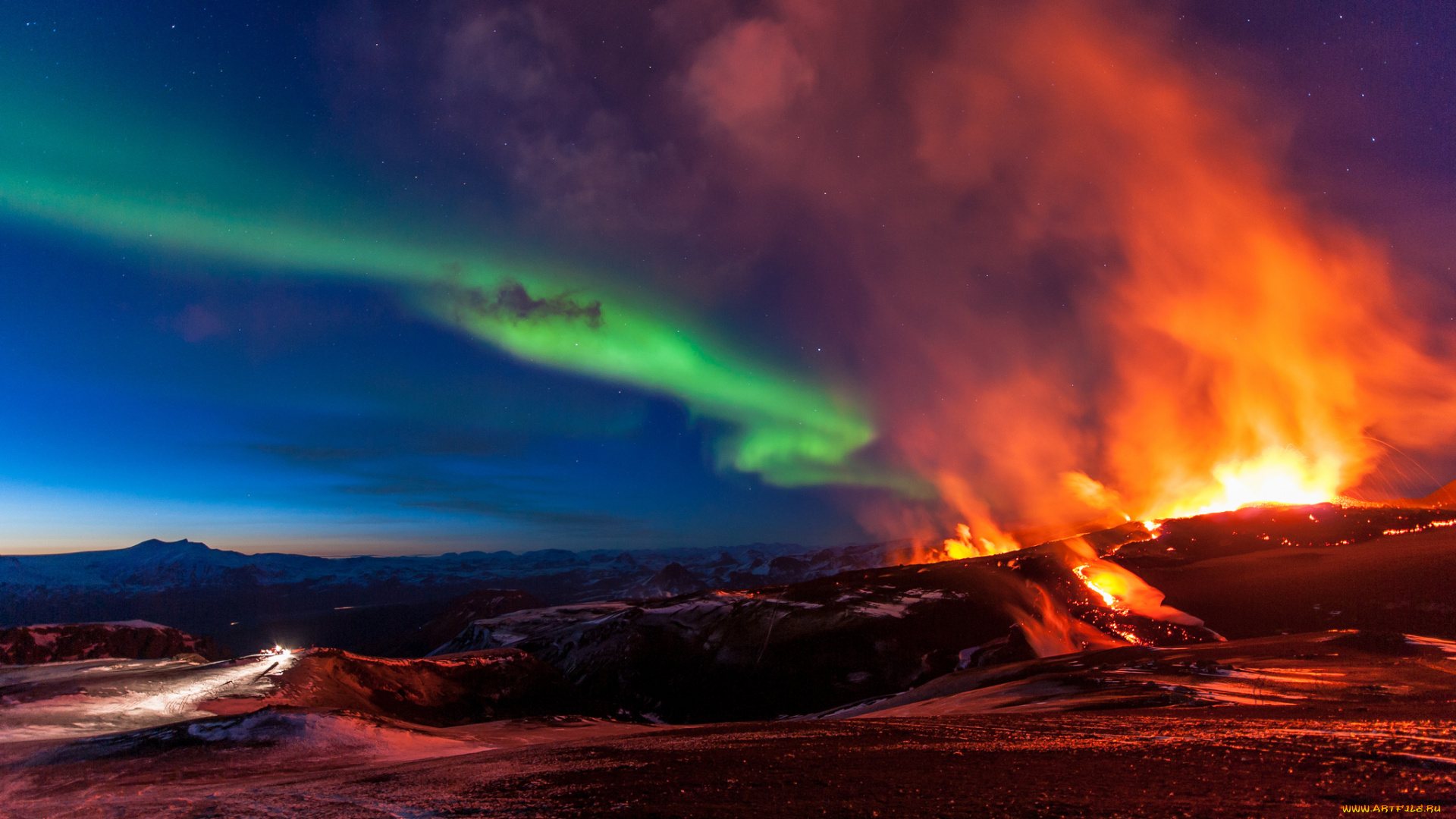fimmvorduhals, iceland, природа, стихия, горы, исландия, северное, сияние, извержение, вулкана
