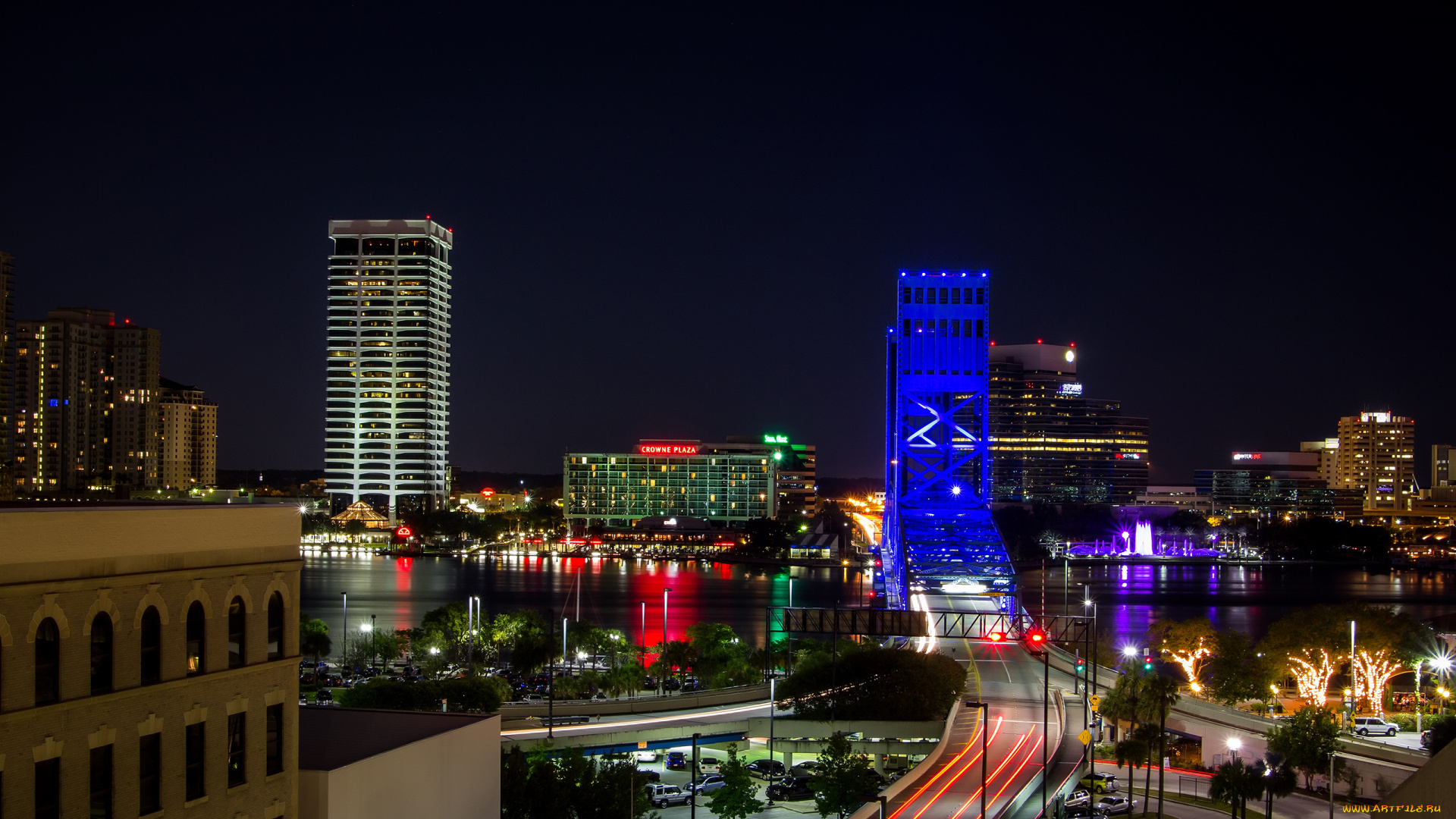 города, огни, ночного, jacksonville, florida, usa