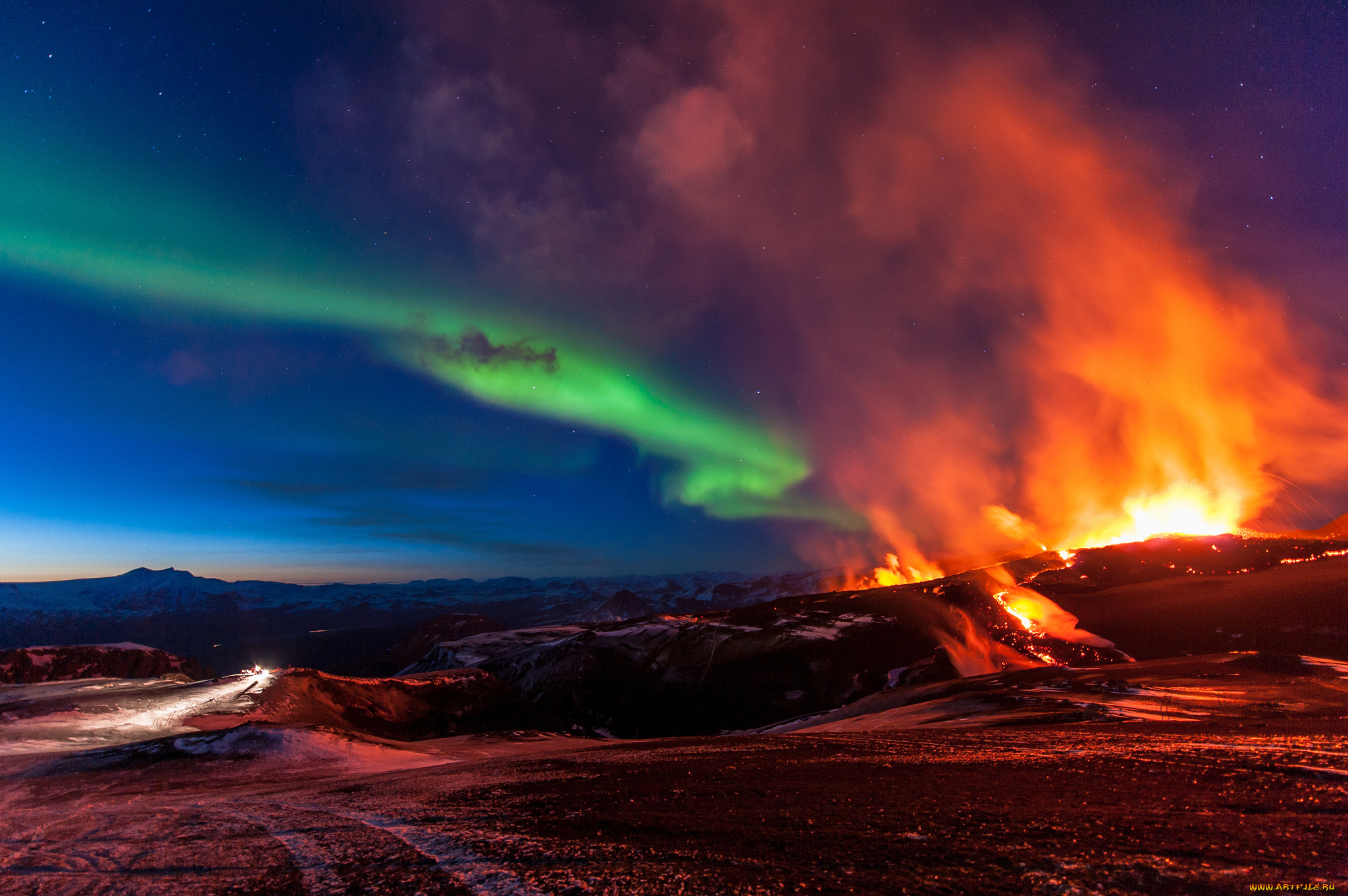 fimmvorduhals, iceland, природа, стихия, горы, исландия, северное, сияние, извержение, вулкана