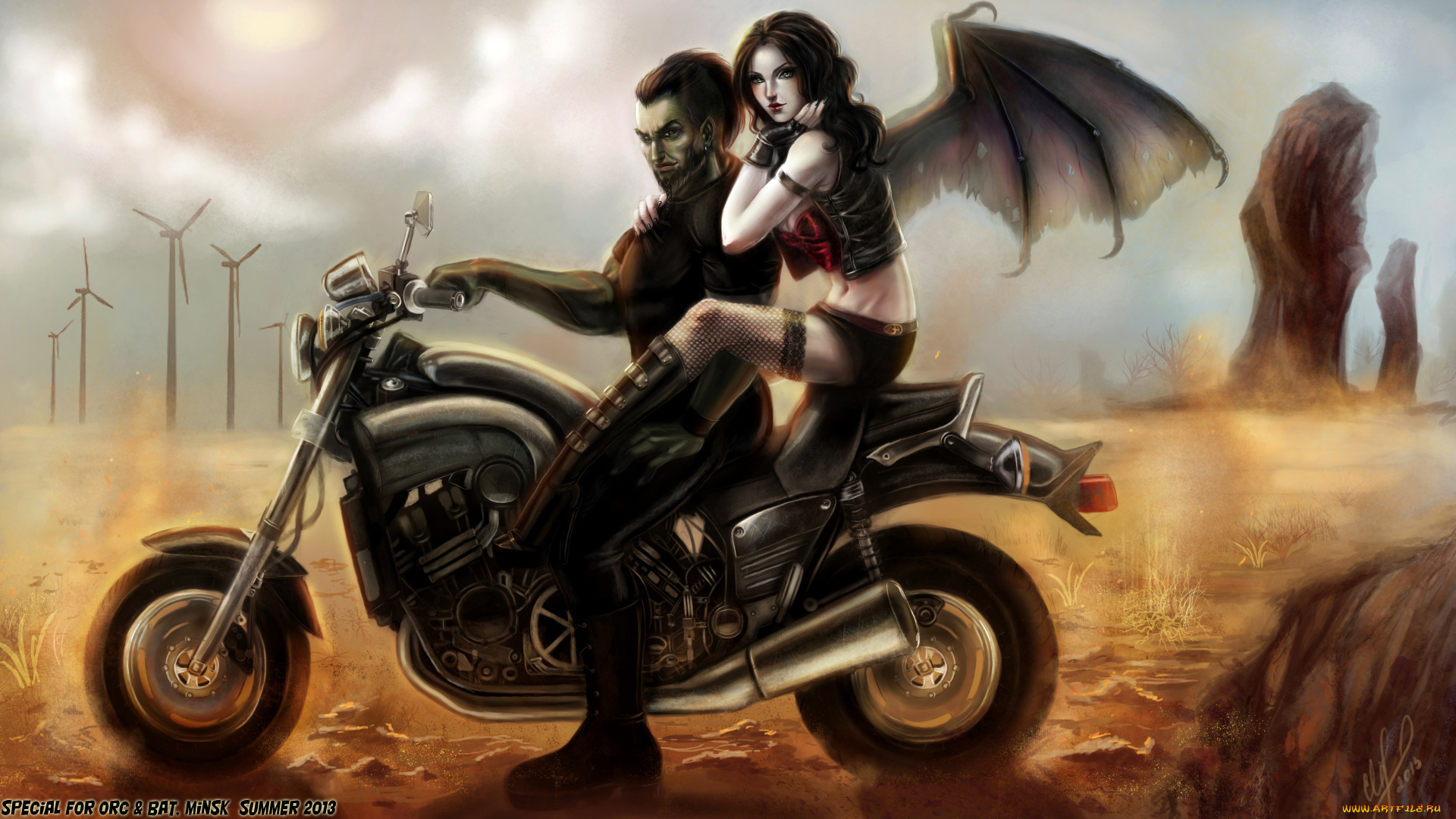 фэнтези, демоны, арт, мотоцикл, орк, парень, девушка, крылья, чулки, пустыня