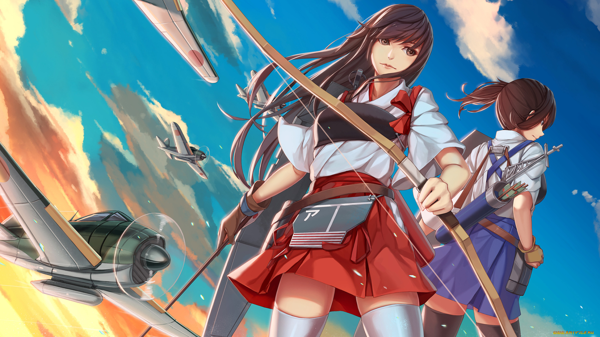 аниме, kantai, collection, nian, стрелы, лук, kaga, оружие, akagi, девушки, самолёты, kantai, collection, kancolle