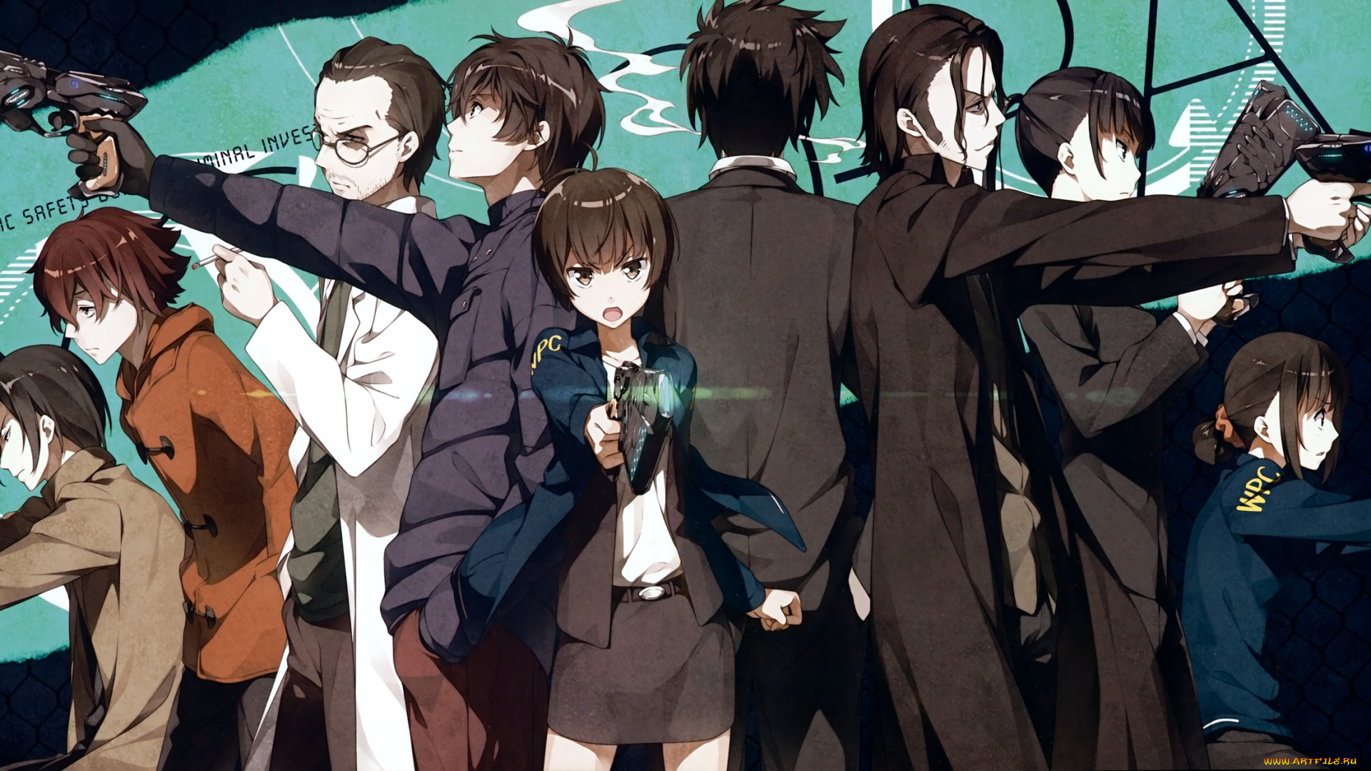 аниме, psycho-pass, kantoku, люди, арт, tsunemori, akane, kunizuka, yayoi, masaoka, tomomi, kougami, shinya, kagari, shuusei, пистолеты, ginoza, nobuchika, makishima, shougo