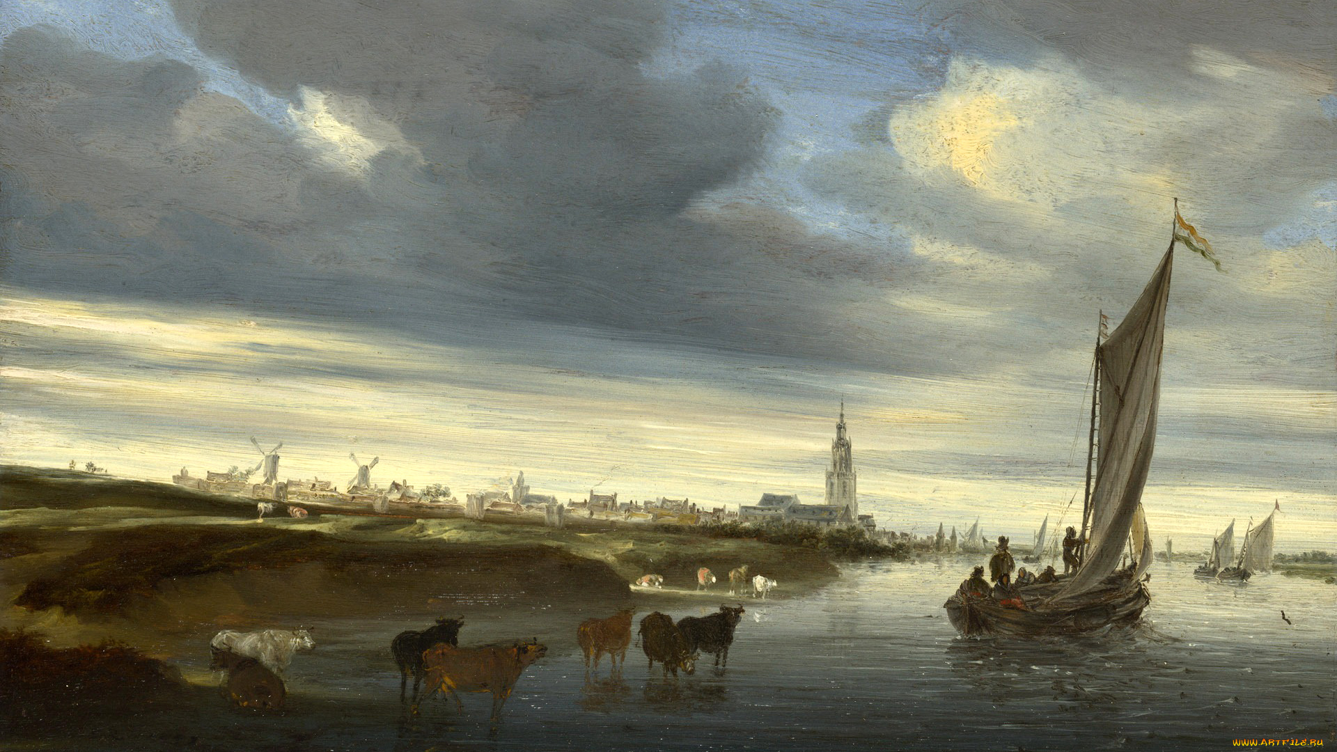 рисованное, живопись, пейзаж, канал, облака, небо, башня, мельница, парус, коровы, лодка