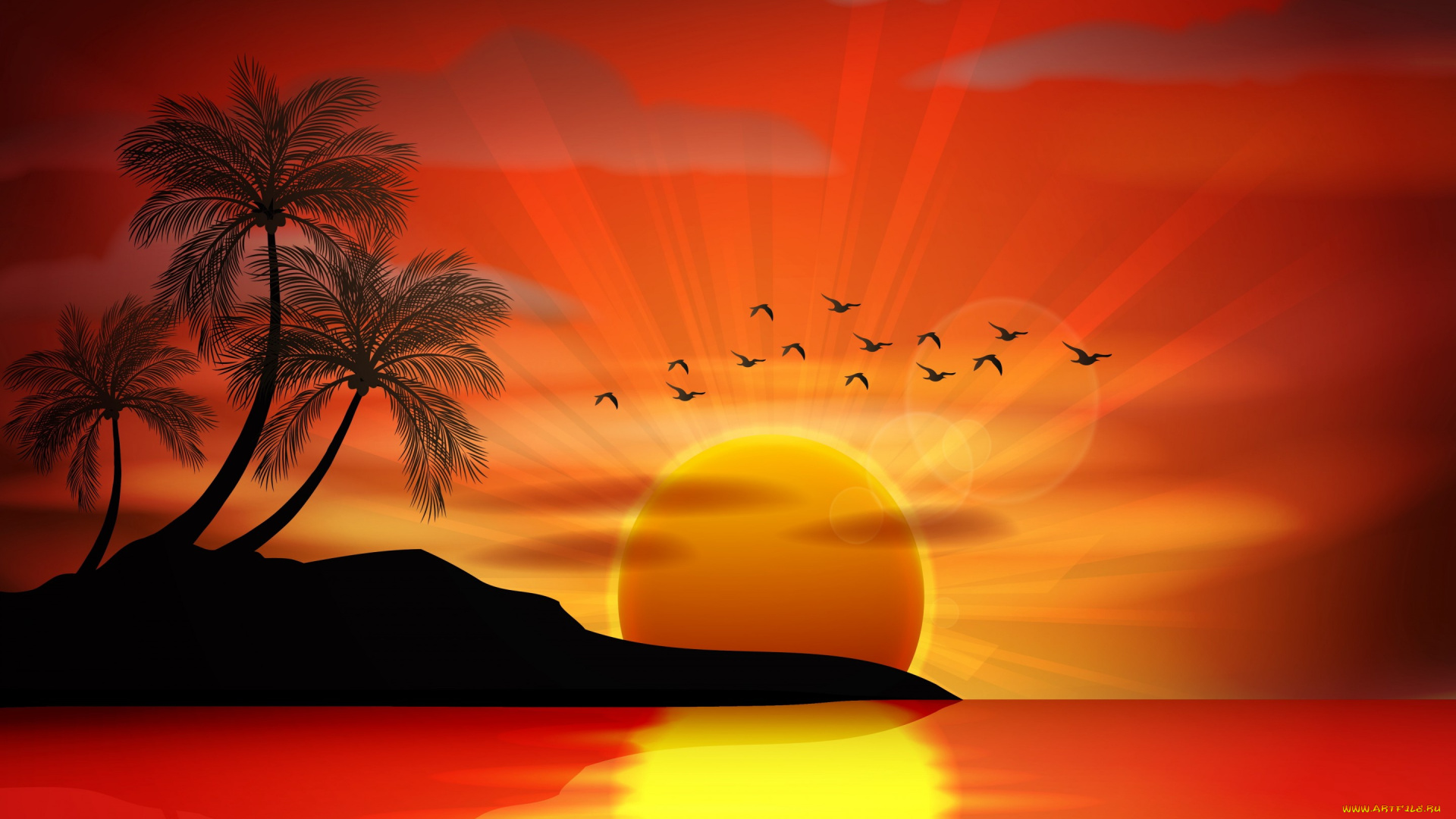 векторная, графика, природа, , nature, остров, пальмы, закат, море, птицы, силуэт, palms, island, tropical, paradise, sunset, sea, тропики