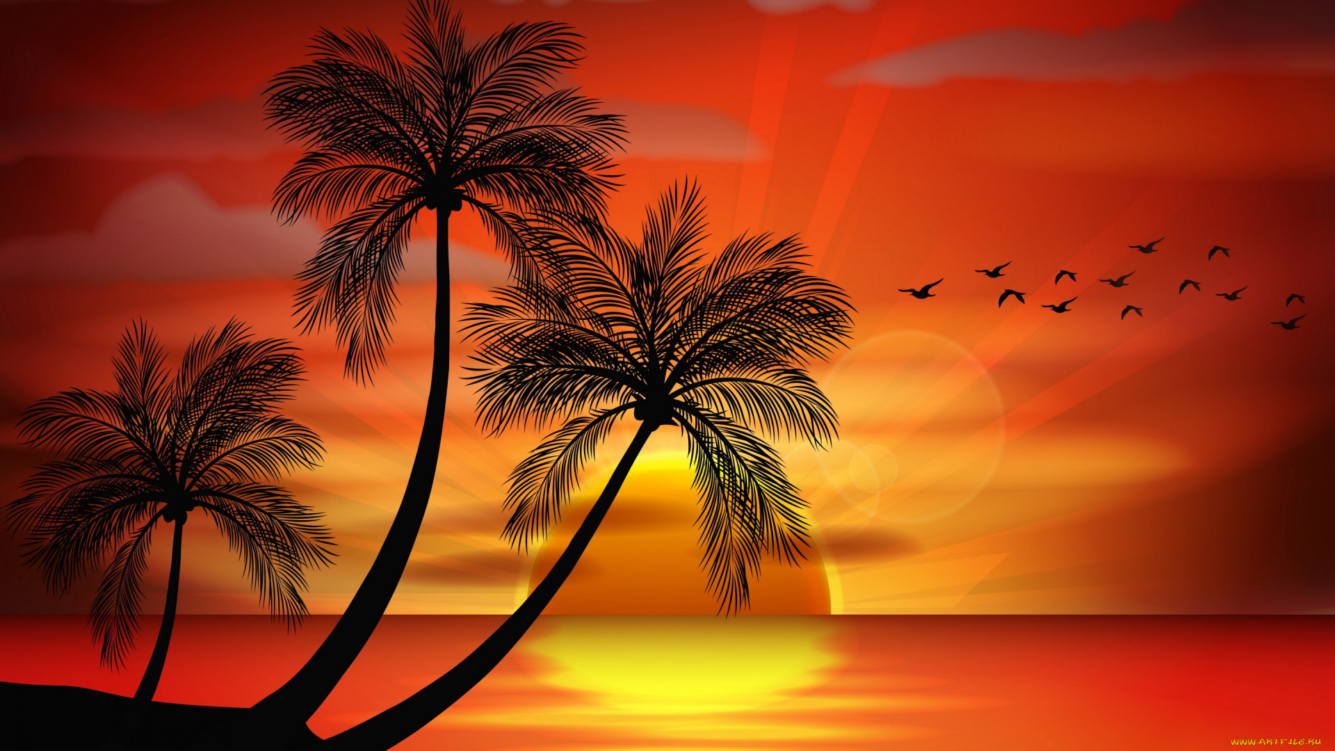 векторная, графика, природа, , nature, пальмы, закат, остров, море, palms, island, tropical, sea, paradise, sunset, тропики, силуэт