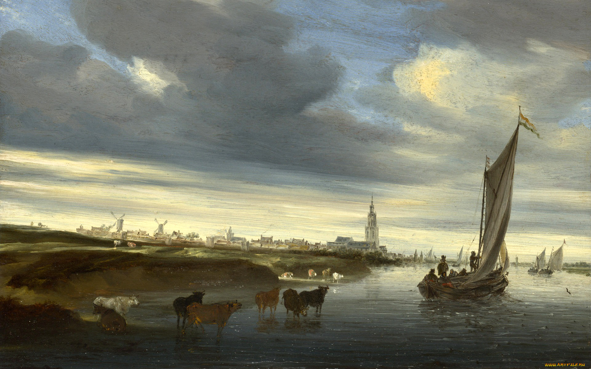 рисованное, живопись, пейзаж, канал, облака, небо, башня, мельница, парус, коровы, лодка